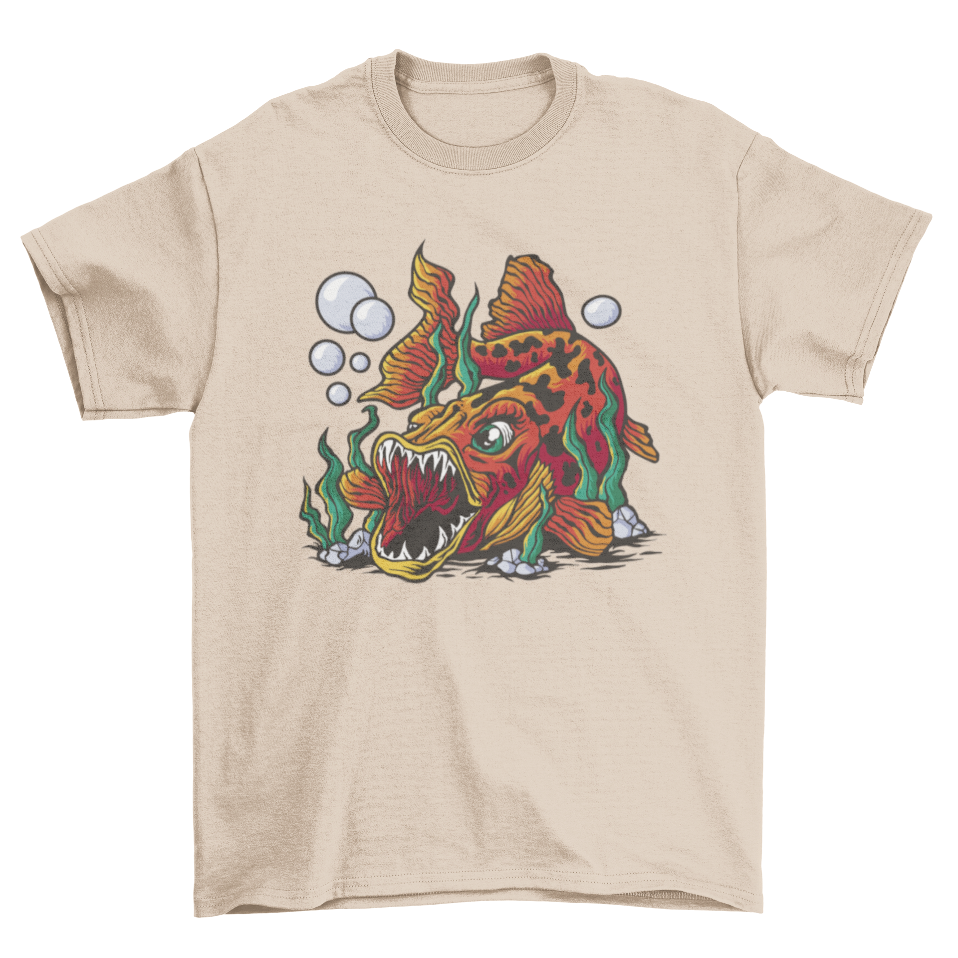 A cartoon t-shirt featuring a playful fish with fangs design, showcasing vibrant colors and a fun aesthetic.