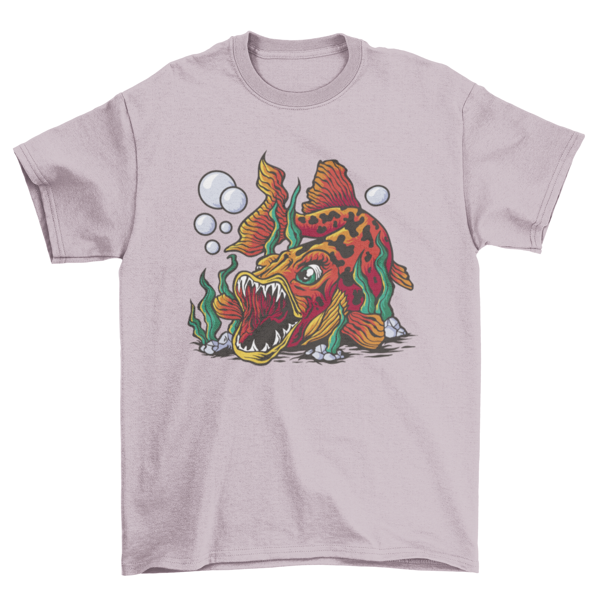 A cartoon t-shirt featuring a playful fish with fangs design, showcasing vibrant colors and a fun aesthetic.