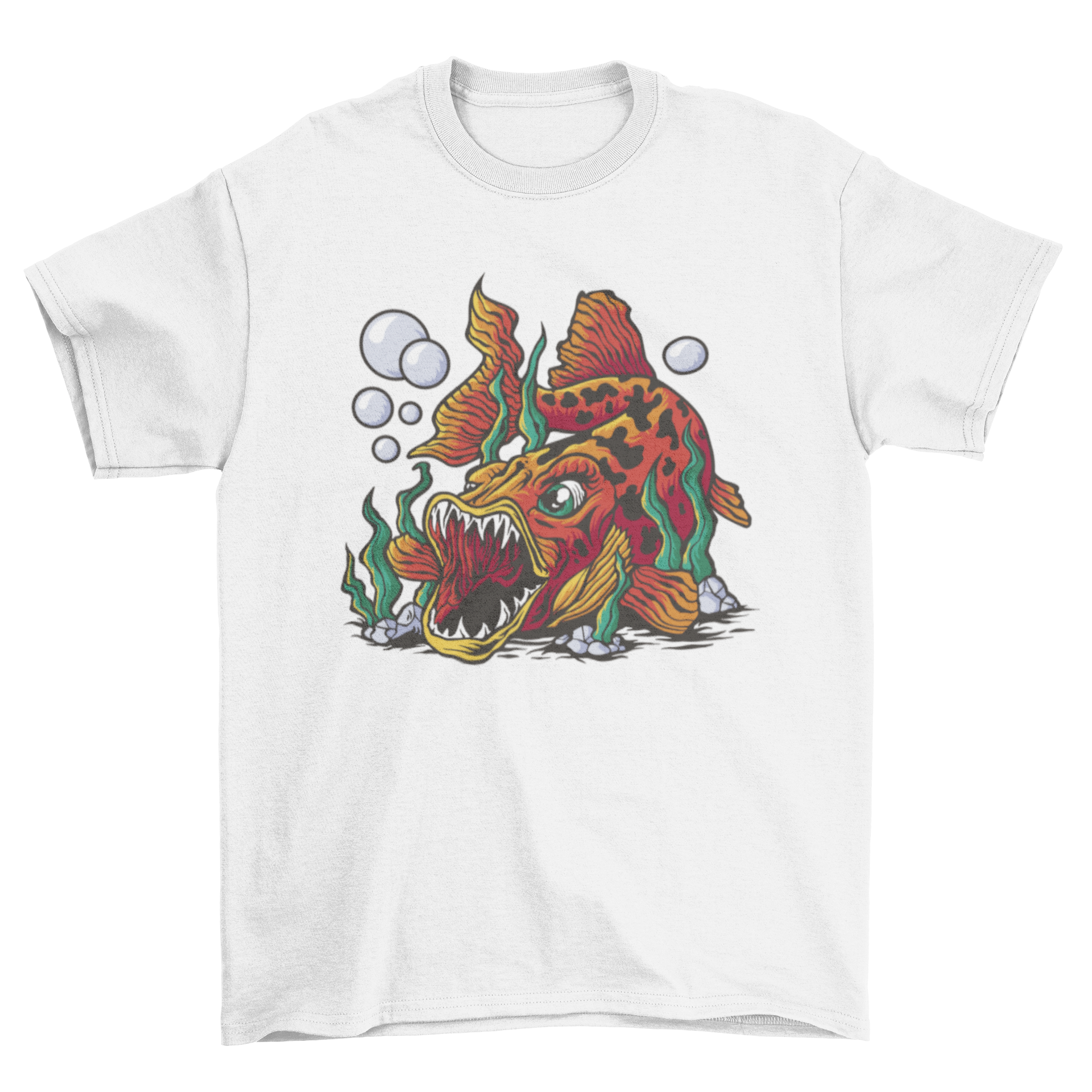 A cartoon t-shirt featuring a playful fish with fangs design, showcasing vibrant colors and a fun aesthetic.