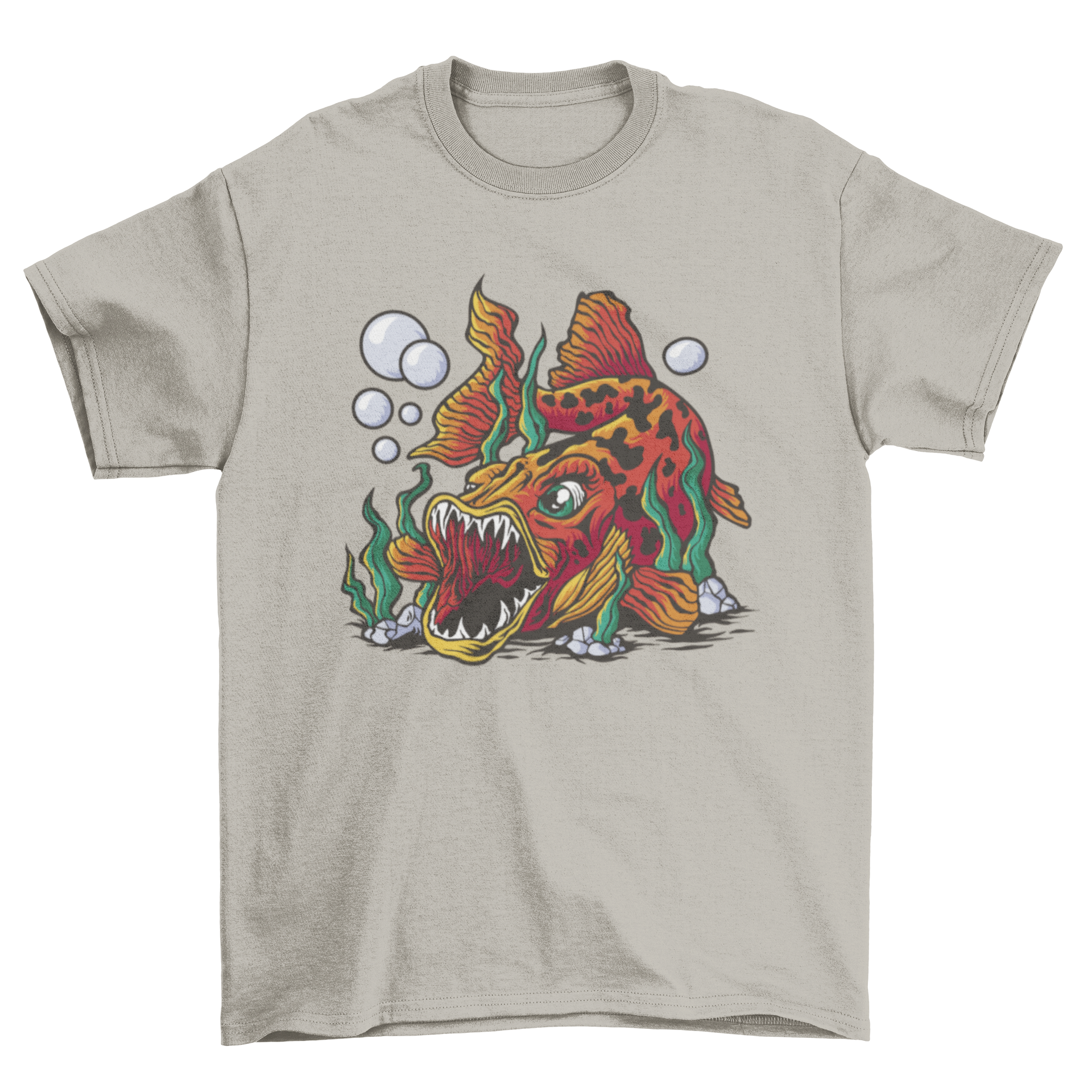 A cartoon t-shirt featuring a playful fish with fangs design, showcasing vibrant colors and a fun aesthetic.