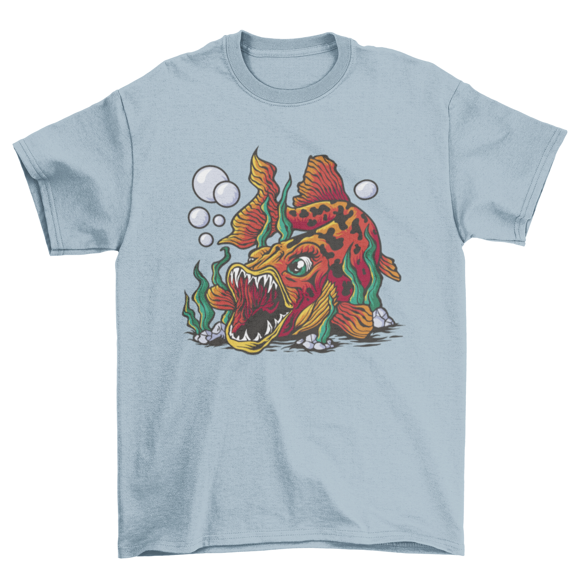 A cartoon t-shirt featuring a playful fish with fangs design, showcasing vibrant colors and a fun aesthetic.