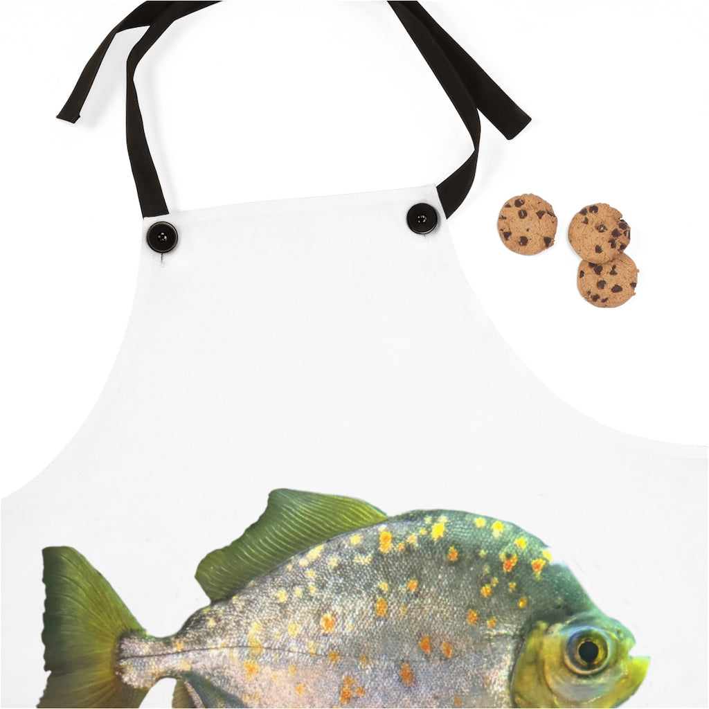 Fish with Specs Apron featuring a unique design, lightweight and durable polyester material, and black detachable twill straps.