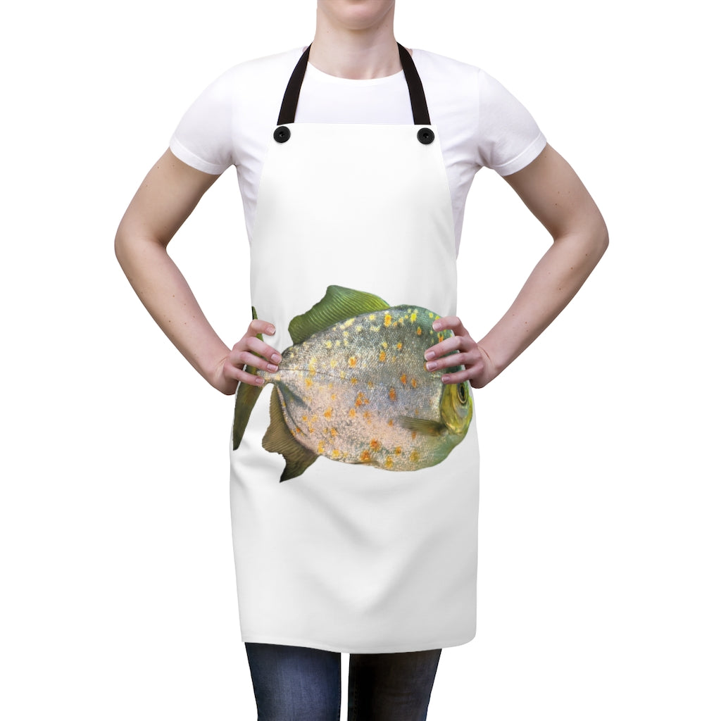 Fish with Specs Apron featuring a unique design, lightweight and durable polyester material, and black detachable twill straps.