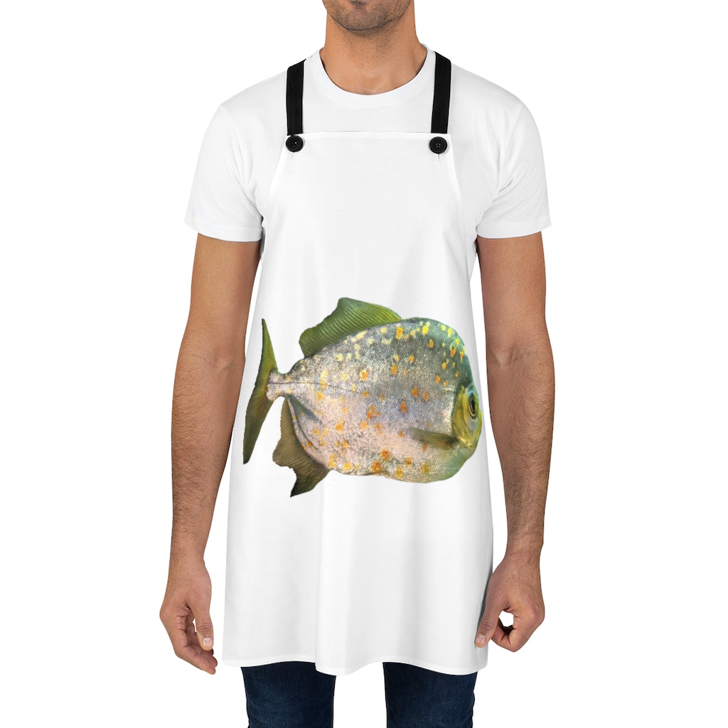 Fish with Specs Apron featuring a unique design, lightweight and durable polyester material, and black detachable twill straps.