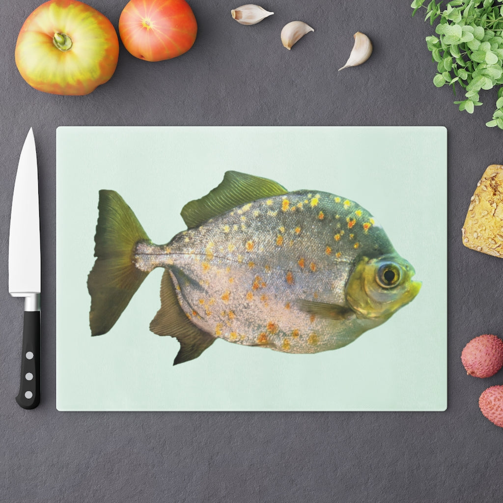 A stylish Fish with Specs Cutting Board made of tempered glass, featuring a unique fish design and four rubber dots for stability.