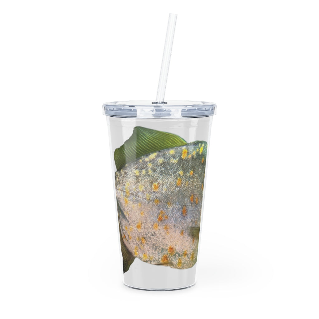 Fish with Specs Plastic Tumbler with Straw, featuring a vibrant design and a convenient lid and straw.