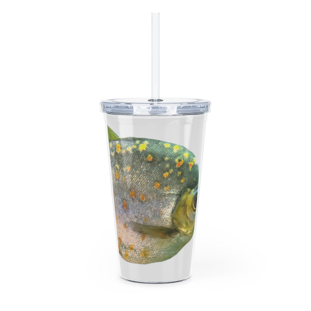 Fish with Specs Plastic Tumbler with Straw, featuring a vibrant design and a convenient lid and straw.