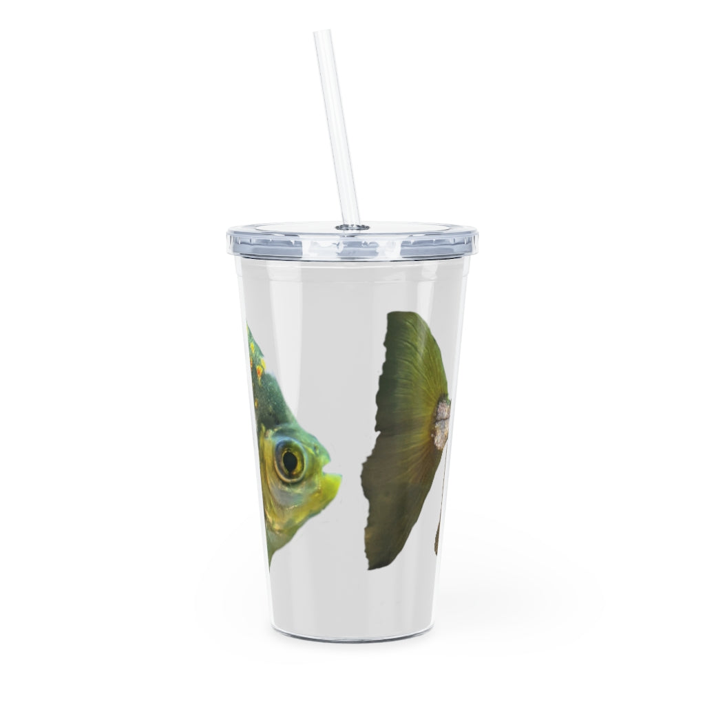 Fish with Specs Plastic Tumbler with Straw, featuring a vibrant design and a convenient lid and straw.