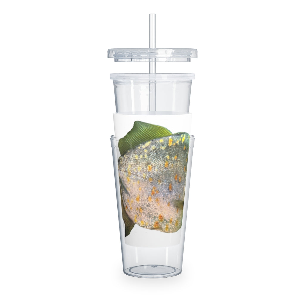 Fish with Specs Plastic Tumbler with Straw, featuring a vibrant design and a convenient lid and straw.