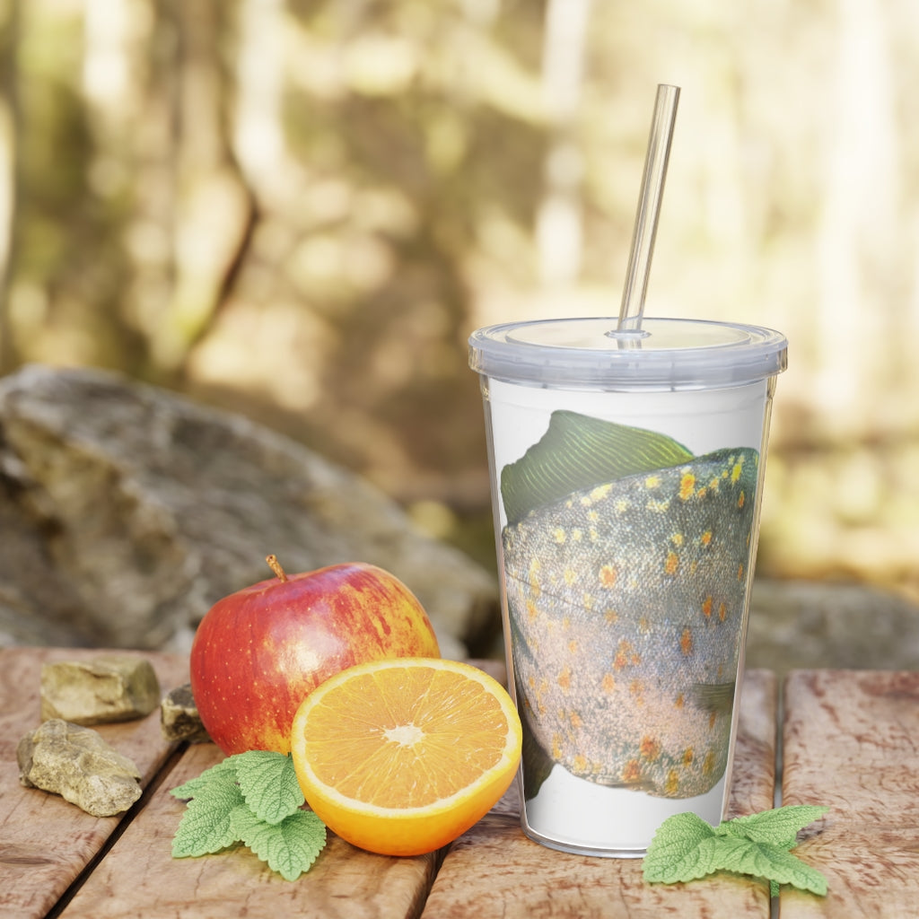 Fish with Specs Plastic Tumbler with Straw, featuring a vibrant design and a convenient lid and straw.