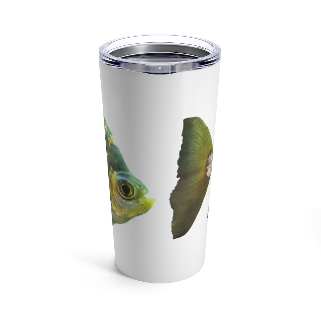 Fish with Specs Tumbler 20oz made of stainless steel with a see-thru plastic lid, featuring a unique fish design.