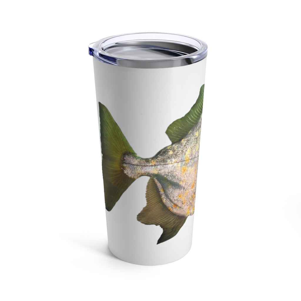 Fish with Specs Tumbler 20oz made of stainless steel with a see-thru plastic lid, featuring a unique fish design.