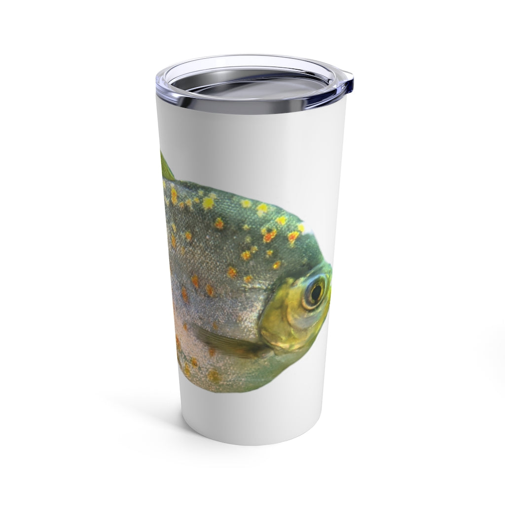 Fish with Specs Tumbler 20oz made of stainless steel with a see-thru plastic lid, featuring a unique fish design.