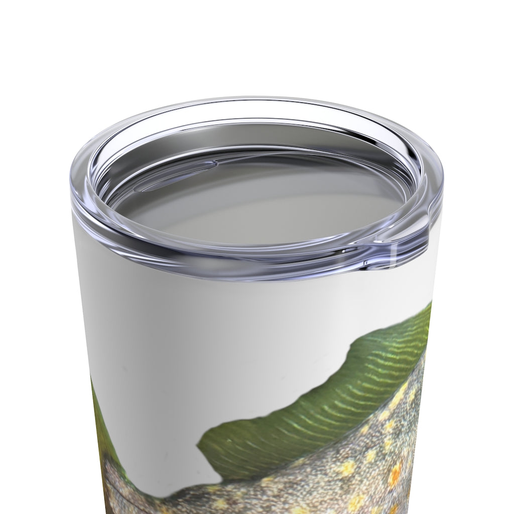 Fish with Specs Tumbler 20oz made of stainless steel with a see-thru plastic lid, featuring a unique fish design.