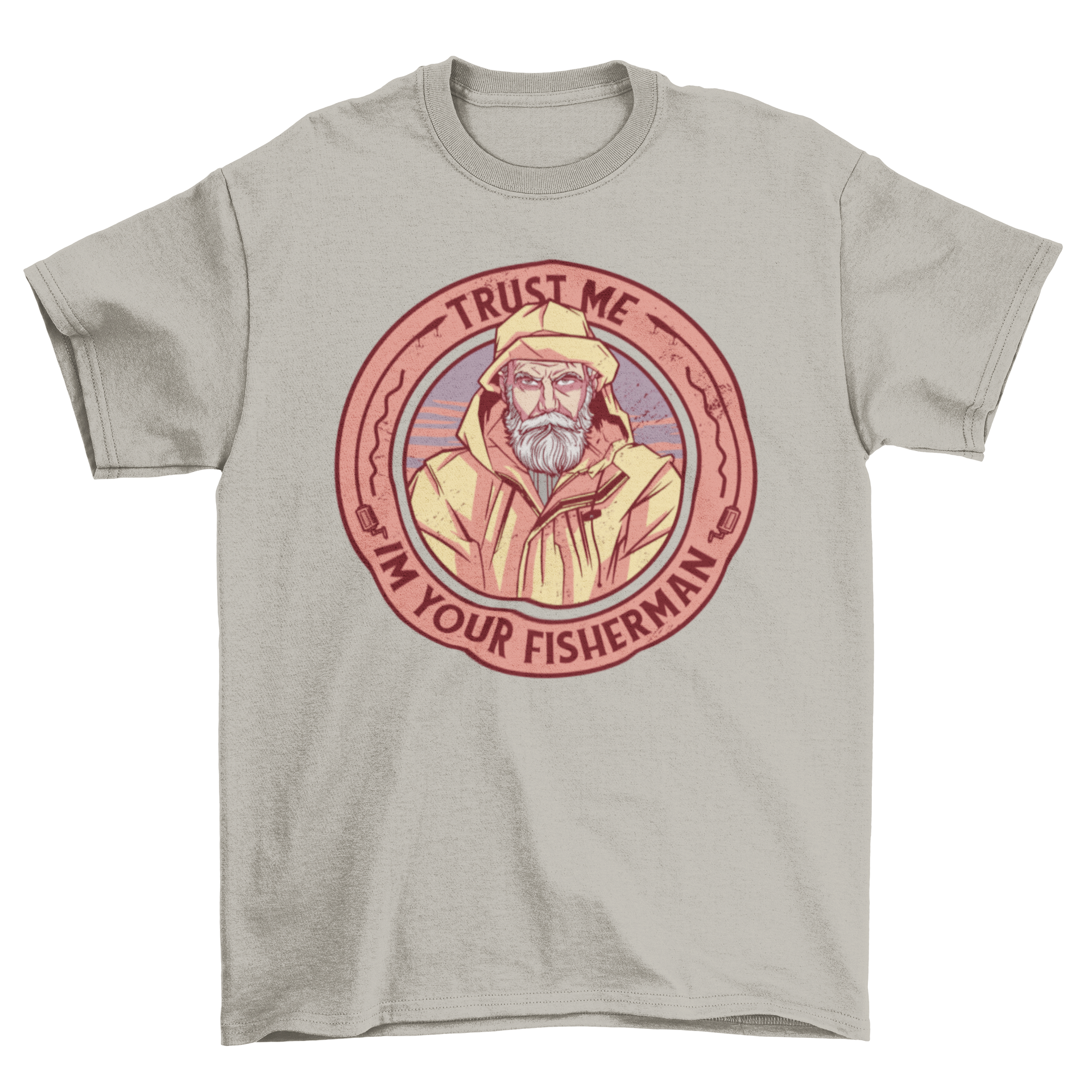 Fisherman badge t-shirt featuring an illustration and the quote 'Trust me I'm your fisherman.'