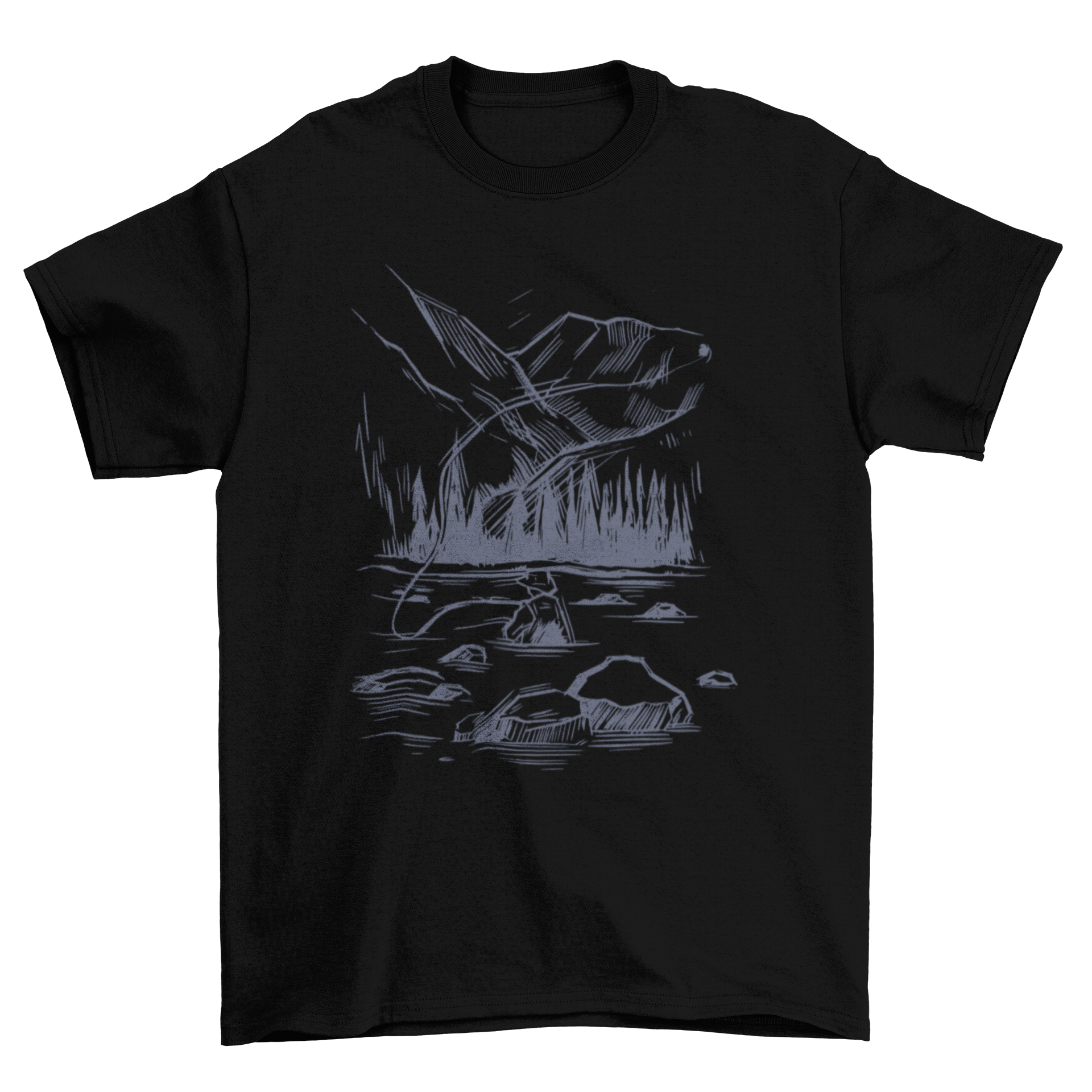 Hand-drawn t-shirt featuring a fisherman in a lake, surrounded by mountains and forest, showcasing nature's beauty.