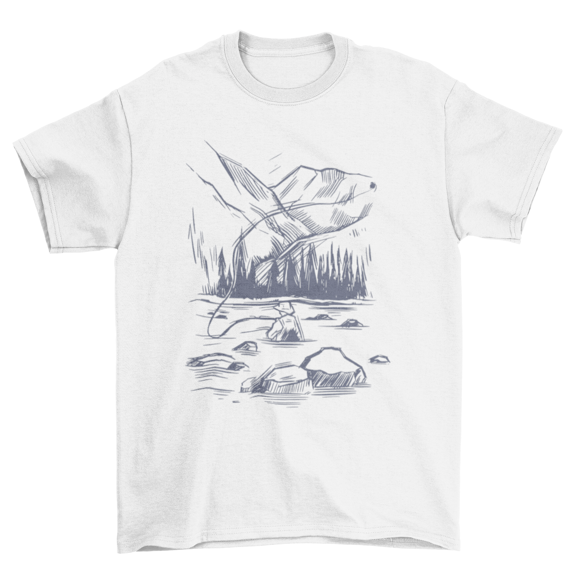 Hand-drawn t-shirt featuring a fisherman in a lake, surrounded by mountains and forest, showcasing nature's beauty.