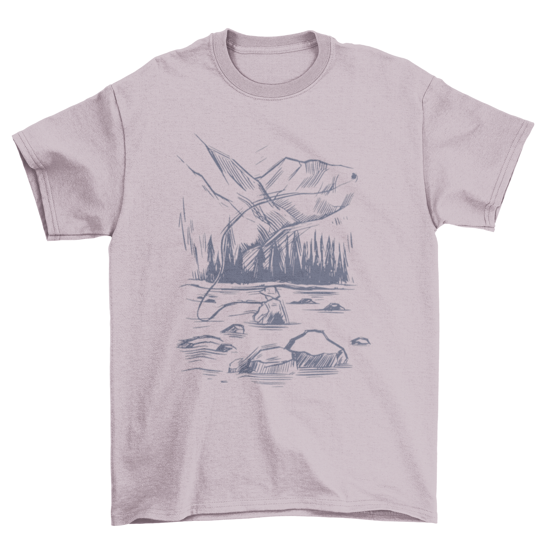 Hand-drawn t-shirt featuring a fisherman in a lake, surrounded by mountains and forest, showcasing nature's beauty.