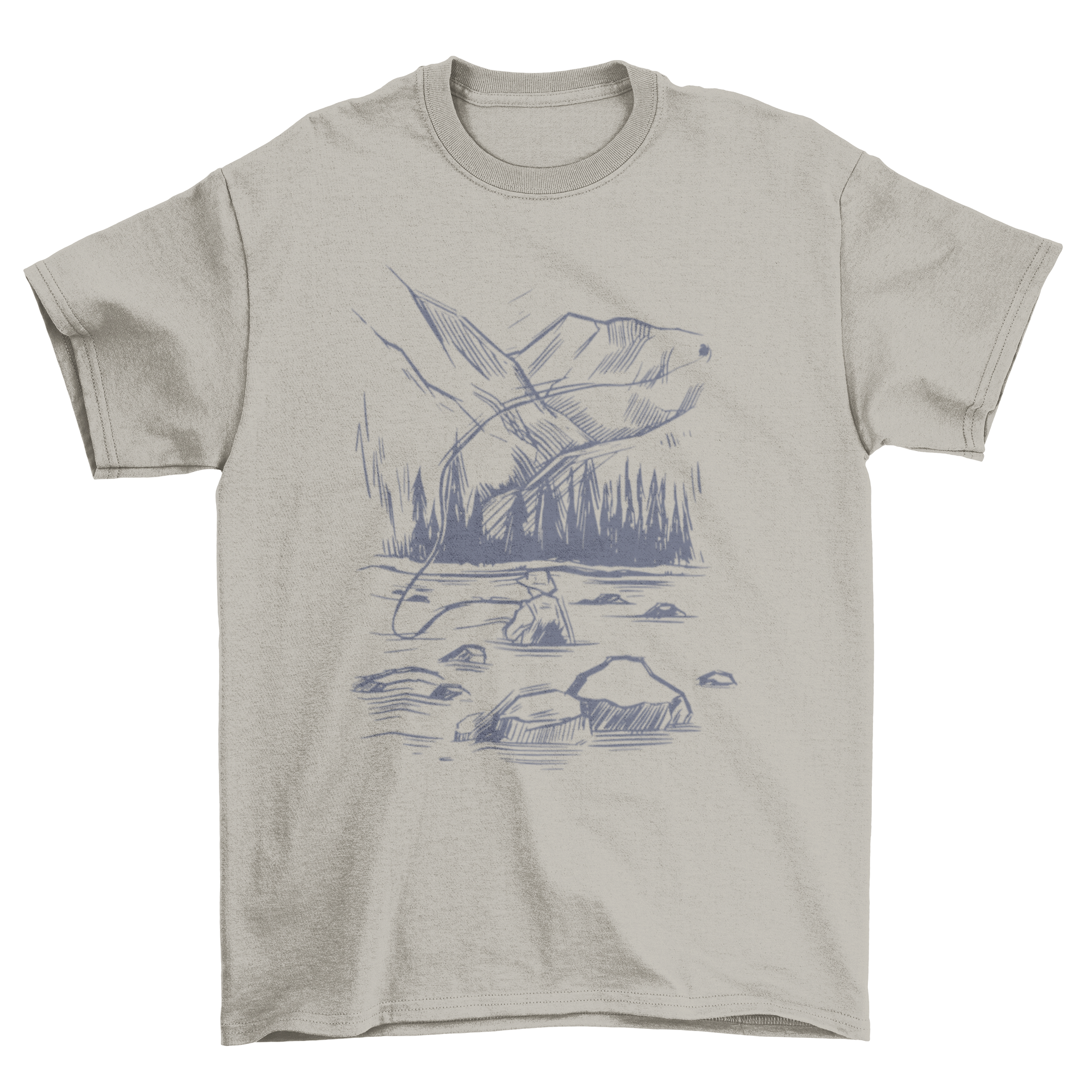 Hand-drawn t-shirt featuring a fisherman in a lake, surrounded by mountains and forest, showcasing nature's beauty.