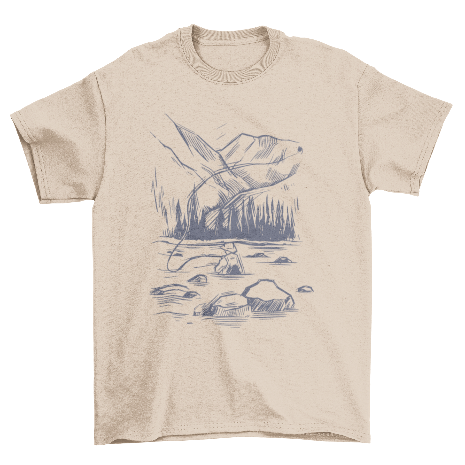 Hand-drawn t-shirt featuring a fisherman in a lake, surrounded by mountains and forest, showcasing nature's beauty.