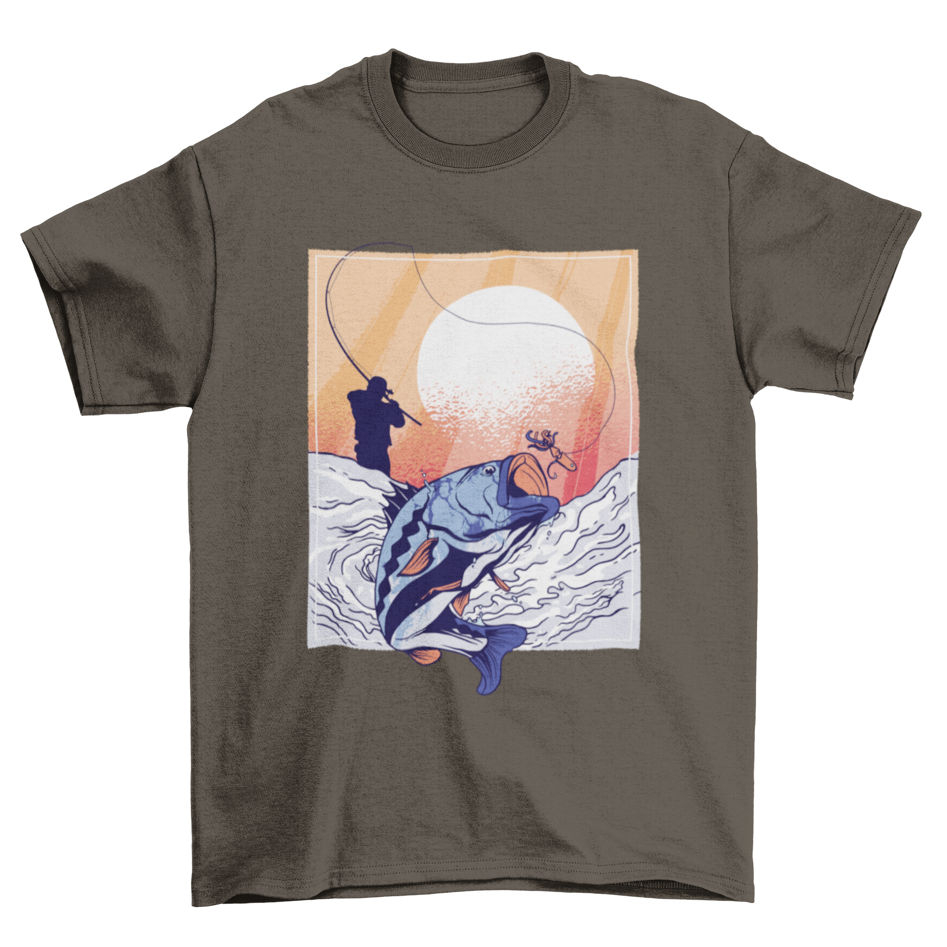 Fisherman t-shirt featuring a detailed illustration of a man fishing, perfect for outdoor enthusiasts.