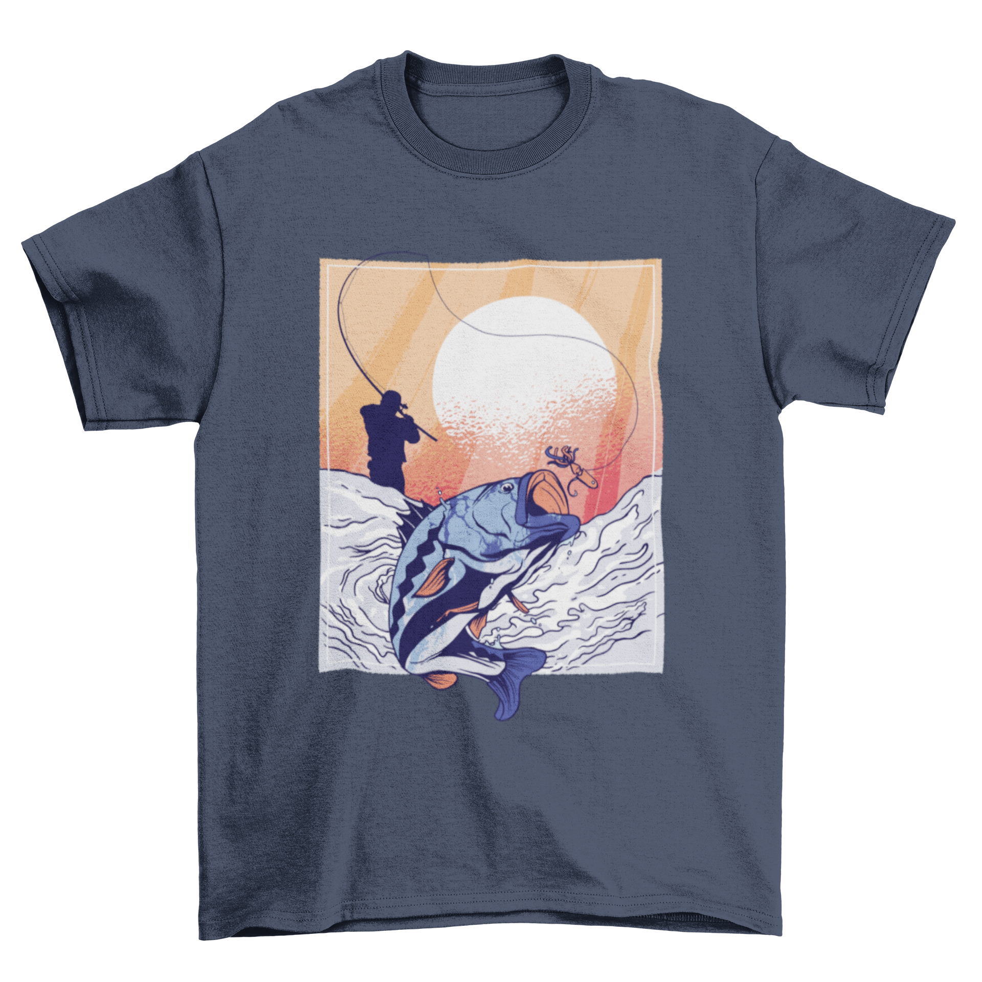 Fisherman t-shirt featuring a detailed illustration of a man fishing, perfect for outdoor enthusiasts.