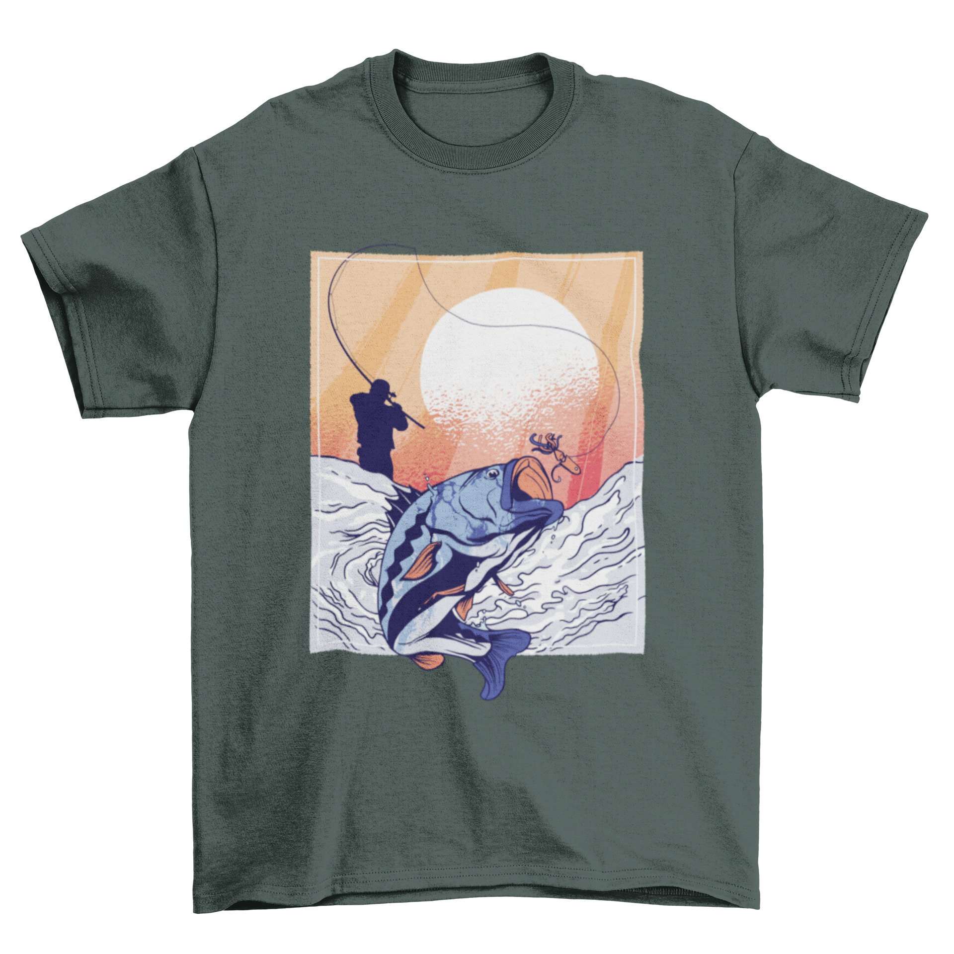 Fisherman t-shirt featuring a detailed illustration of a man fishing, perfect for outdoor enthusiasts.