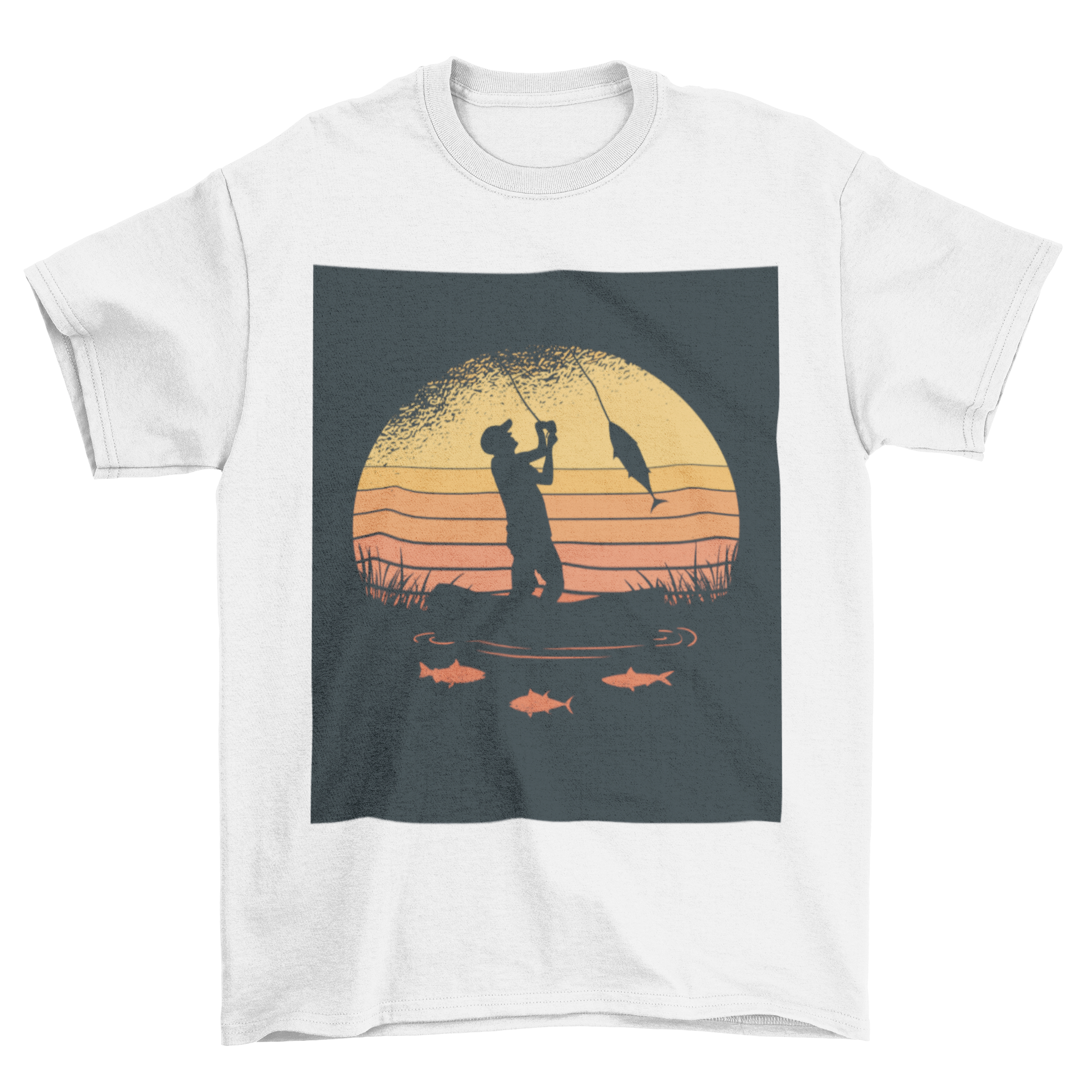 Fisherman t-shirt featuring a retro sunset design with a man fishing, showcasing vibrant colors and a serene outdoor scene.