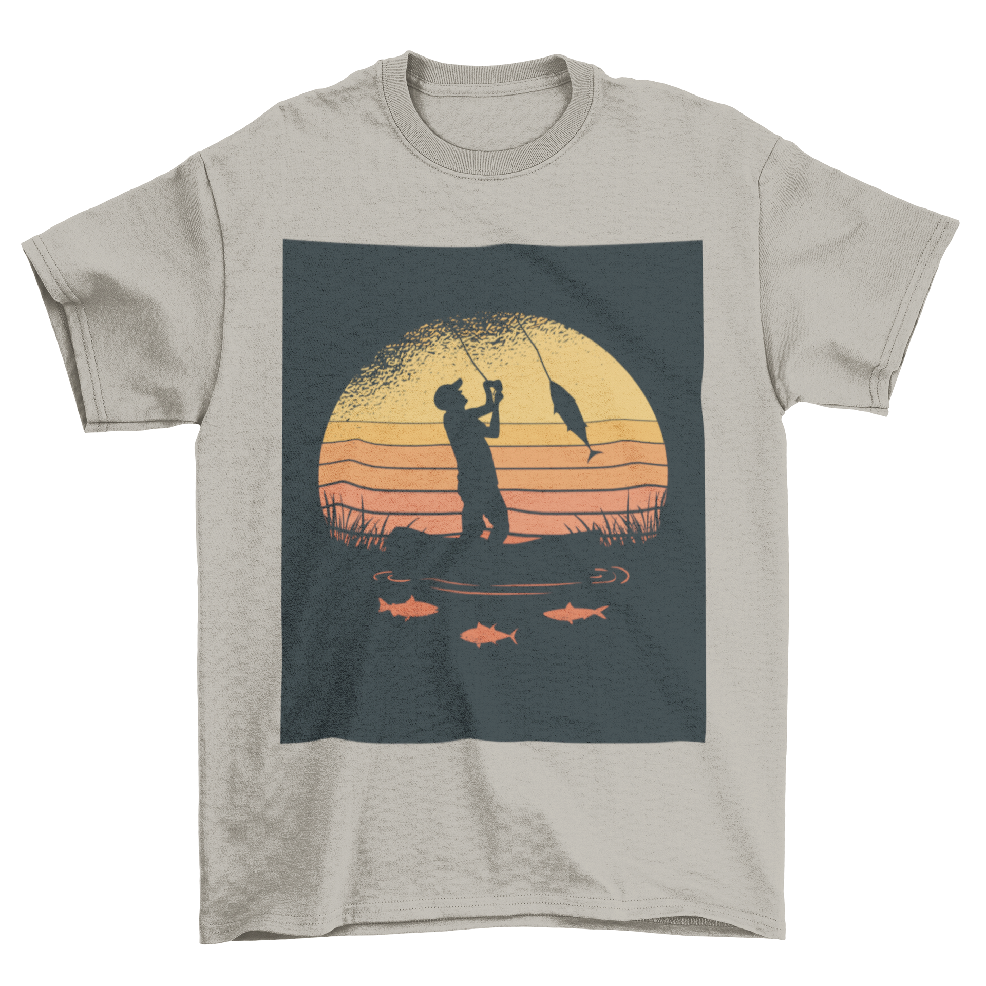 Fisherman t-shirt featuring a retro sunset design with a man fishing, showcasing vibrant colors and a serene outdoor scene.