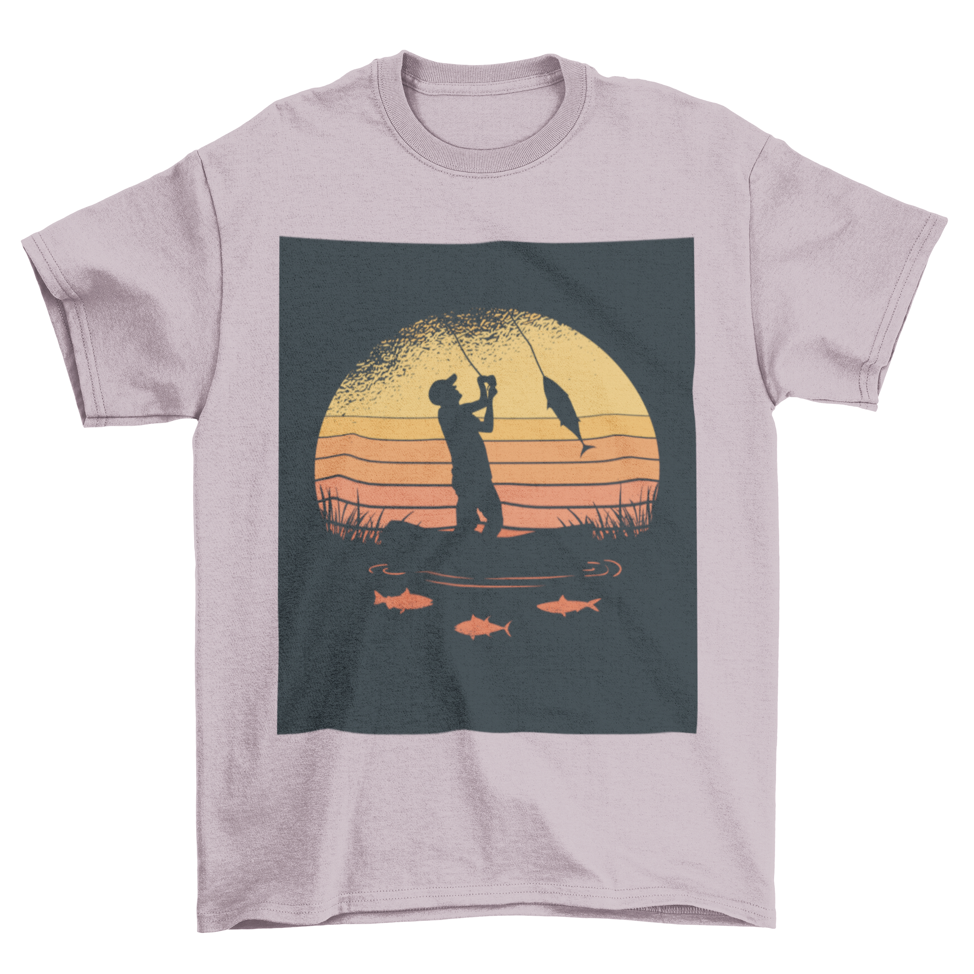 Fisherman t-shirt featuring a retro sunset design with a man fishing, showcasing vibrant colors and a serene outdoor scene.