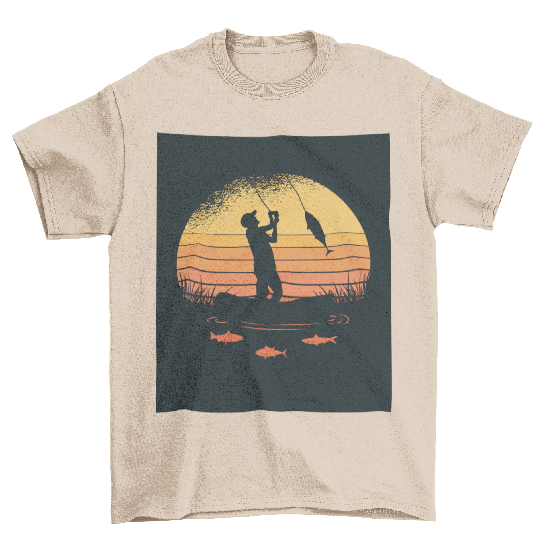 Fisherman t-shirt featuring a retro sunset design with a man fishing, showcasing vibrant colors and a serene outdoor scene.