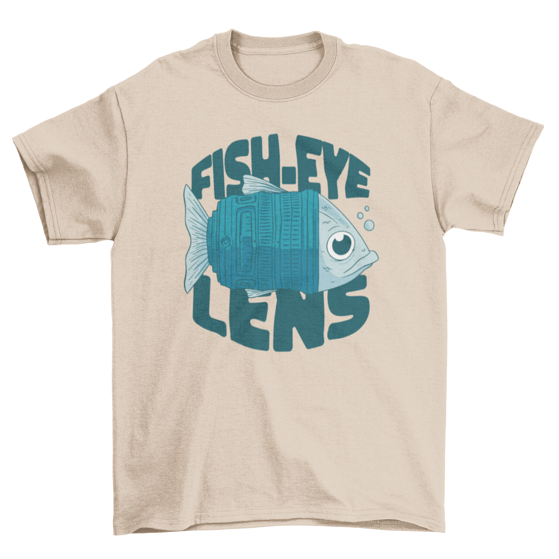 A stylish t-shirt featuring a fish design as a camera lens with the quote 'Fish-eye lens'.