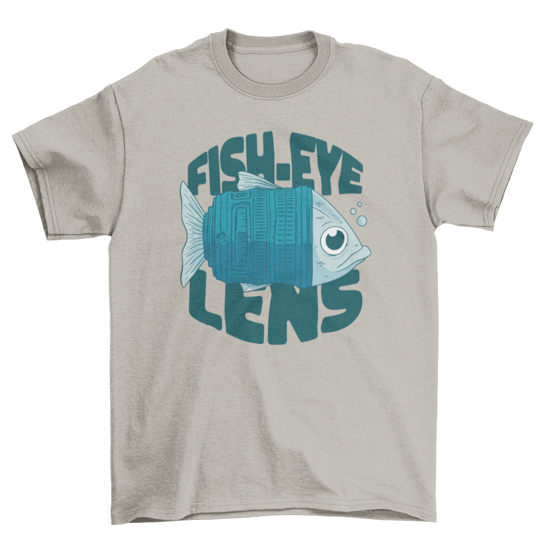 A stylish t-shirt featuring a fish design as a camera lens with the quote 'Fish-eye lens'.