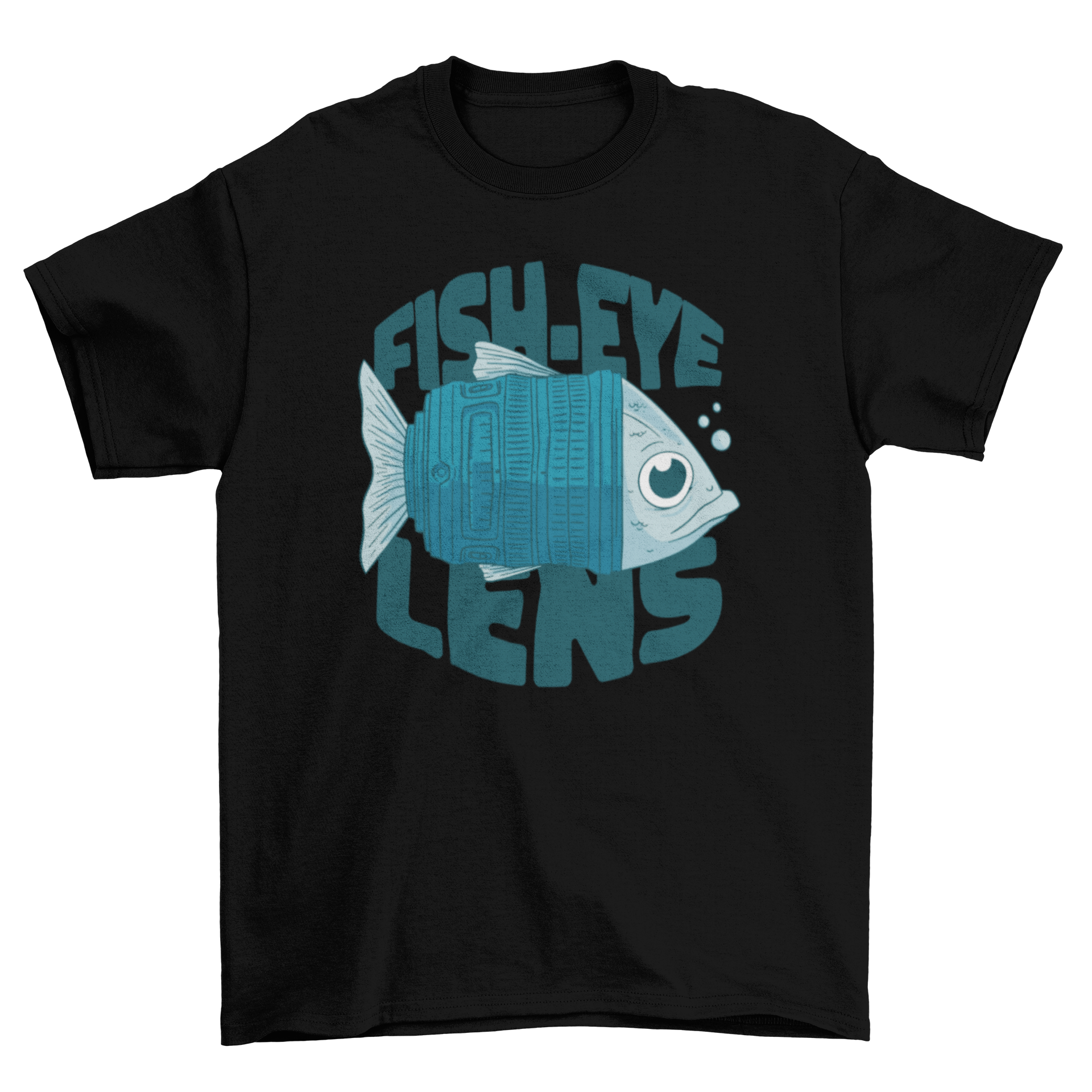 A stylish t-shirt featuring a fish design as a camera lens with the quote 'Fish-eye lens'.