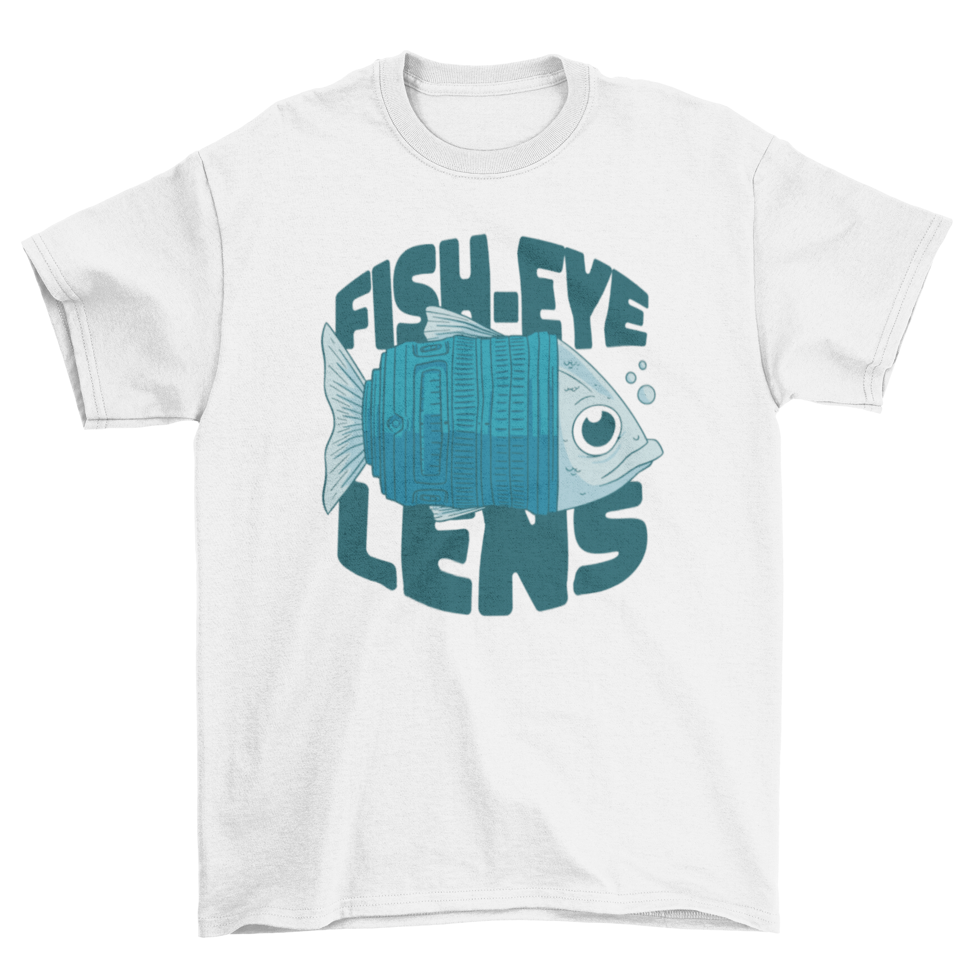 A stylish t-shirt featuring a fish design as a camera lens with the quote 'Fish-eye lens'.