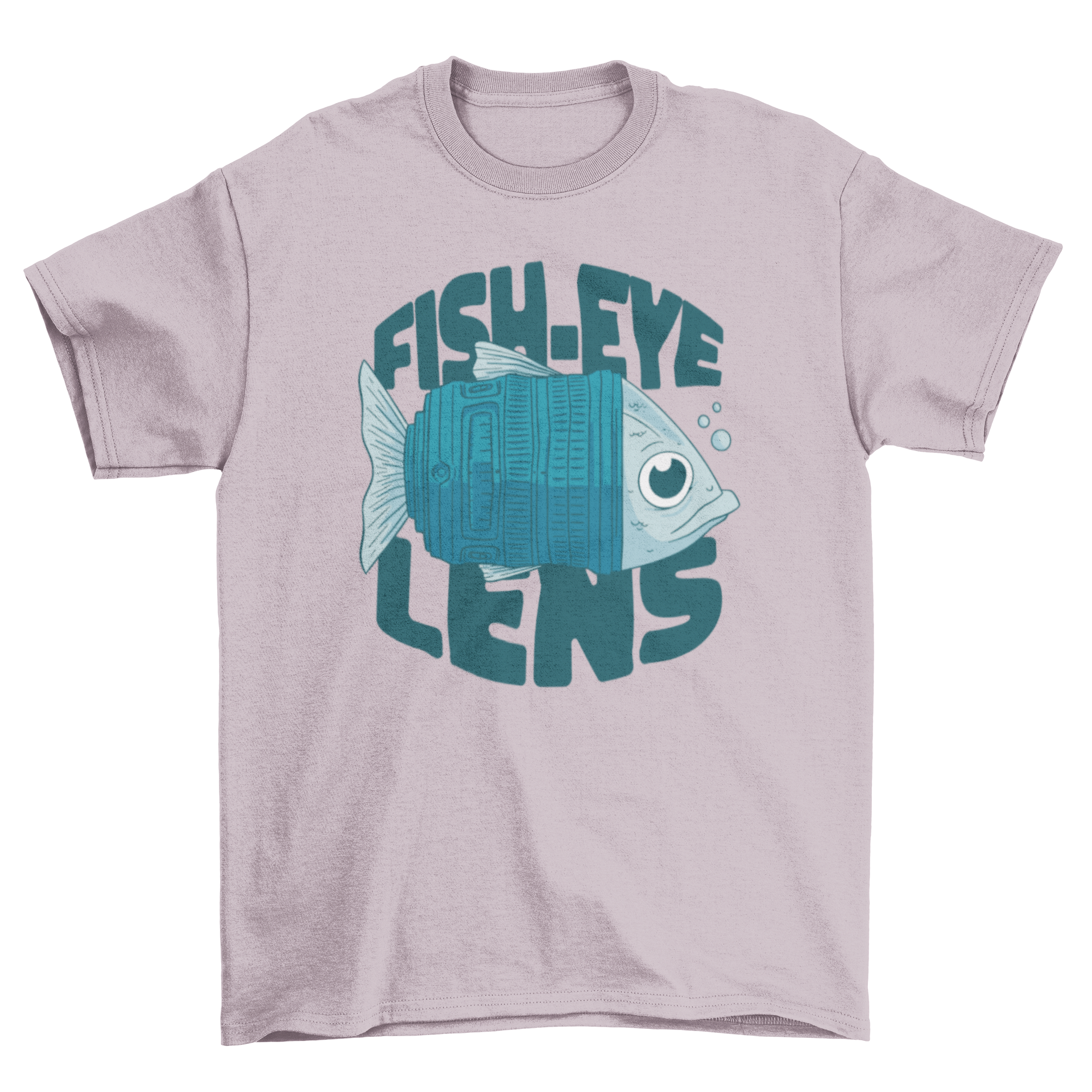 A stylish t-shirt featuring a fish design as a camera lens with the quote 'Fish-eye lens'.