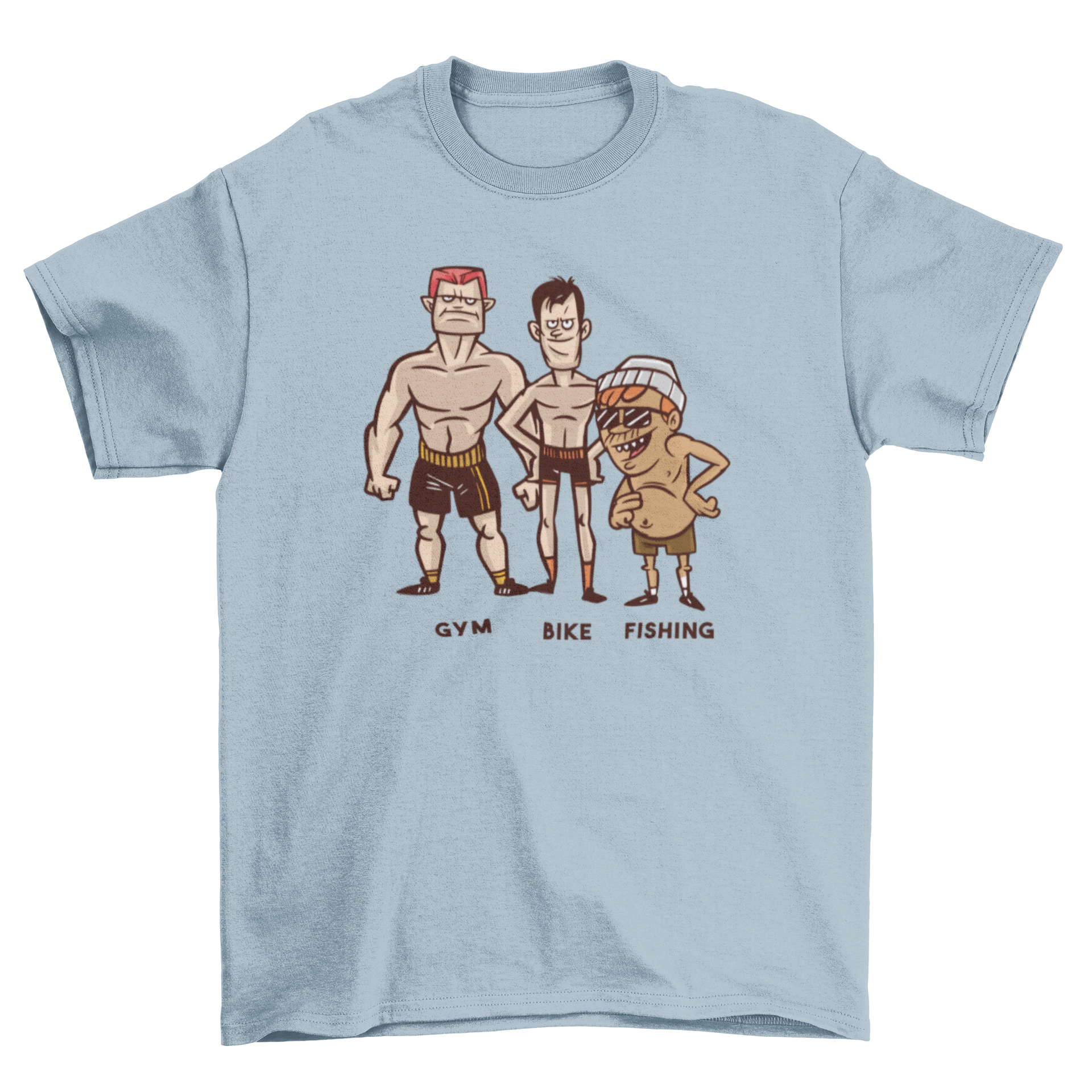 Humorous Fishing fitness t-shirt design featuring fit men labeled 'Gym' and 'Bike' alongside an out-of-shape man labeled 'Fishing'.