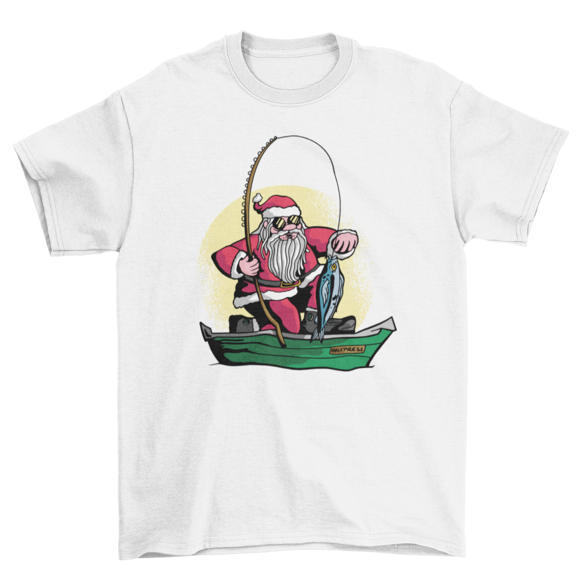 A festive t-shirt featuring Santa Claus happily fishing, showcasing a fun holiday design.