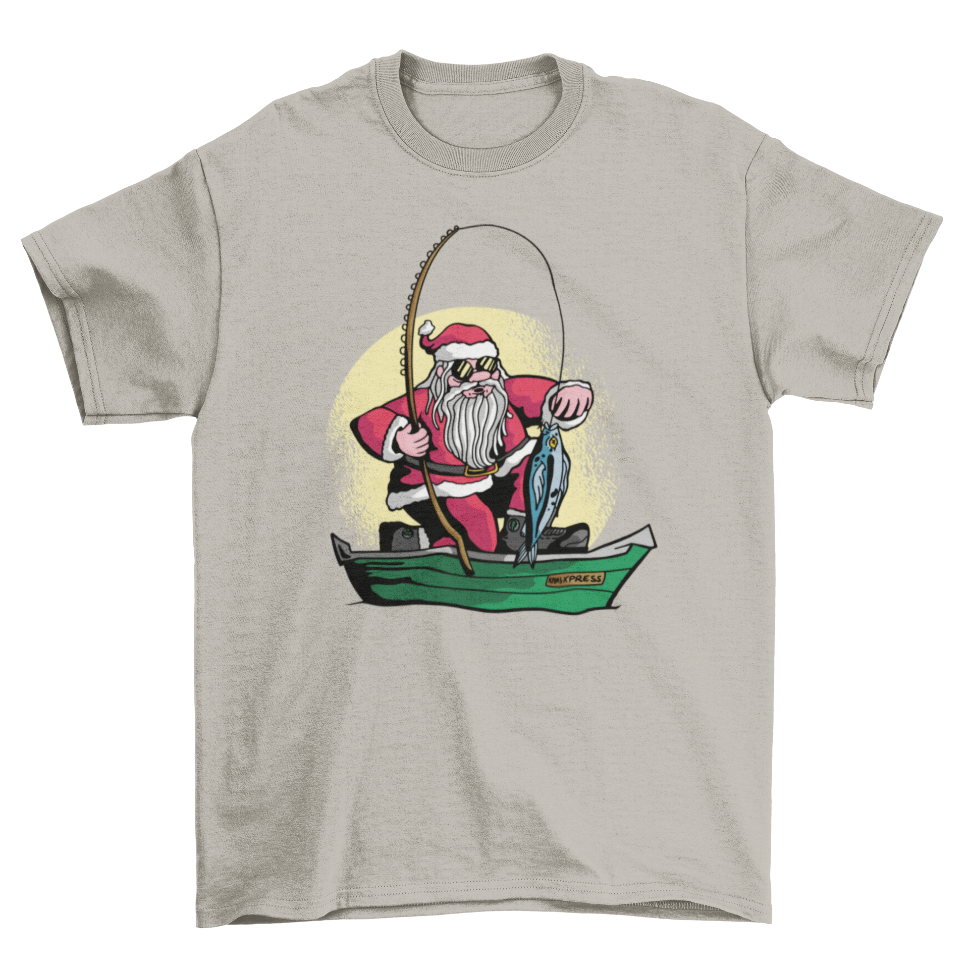 A festive t-shirt featuring Santa Claus happily fishing, showcasing a fun holiday design.