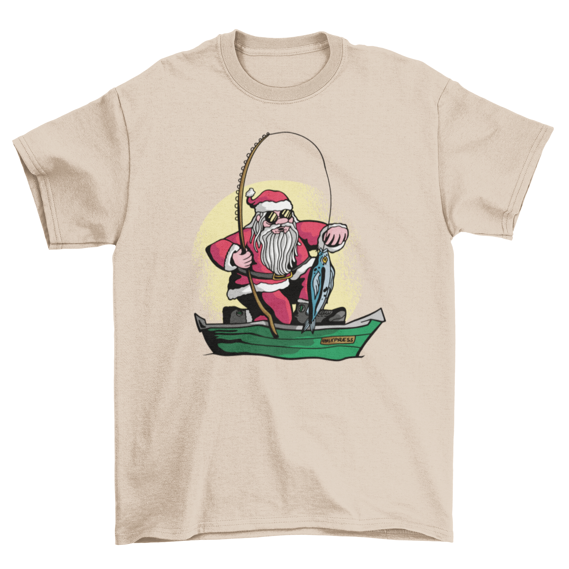 A festive t-shirt featuring Santa Claus happily fishing, showcasing a fun holiday design.