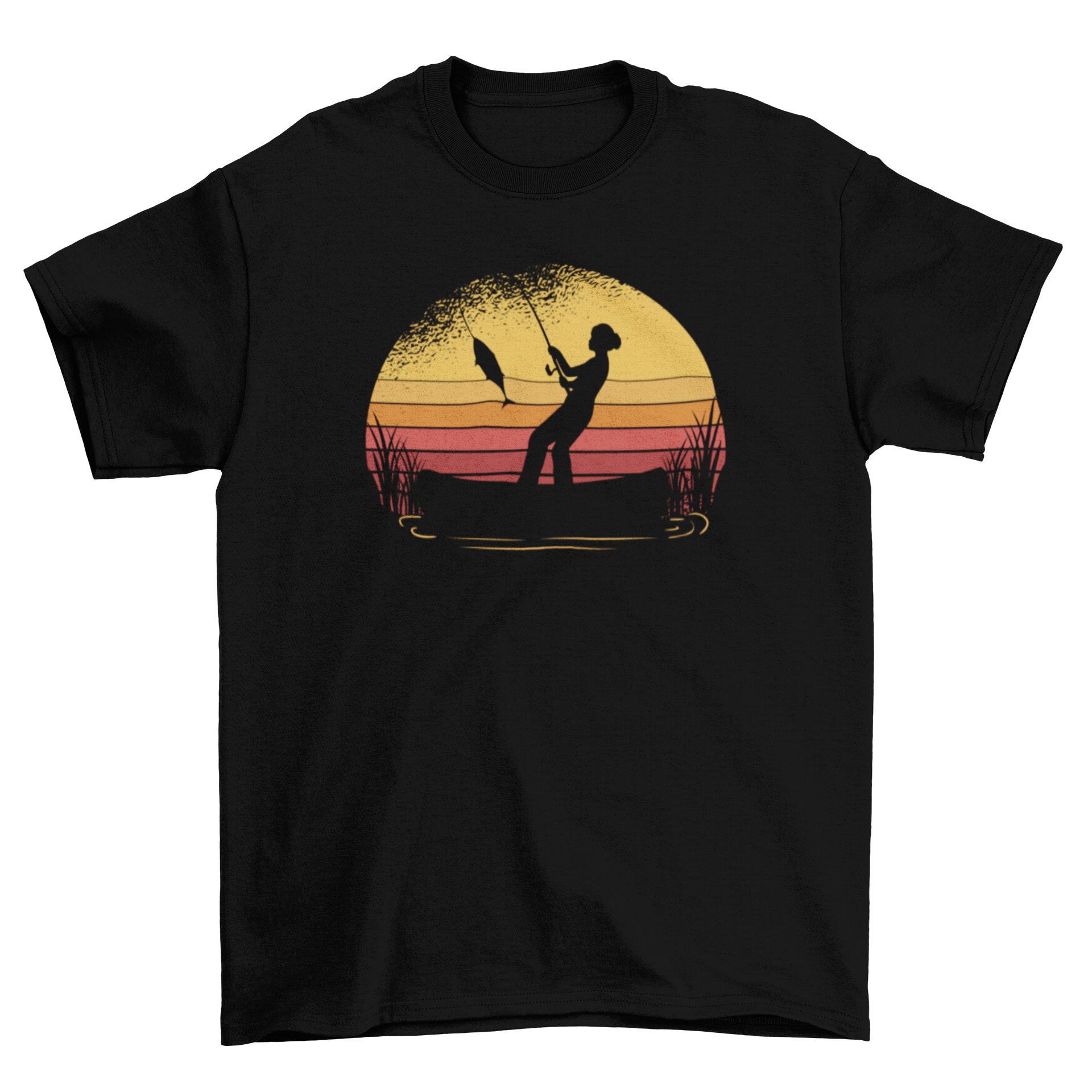 A stylish t-shirt featuring a woman fishing during a vibrant sunset, showcasing a serene outdoor scene.