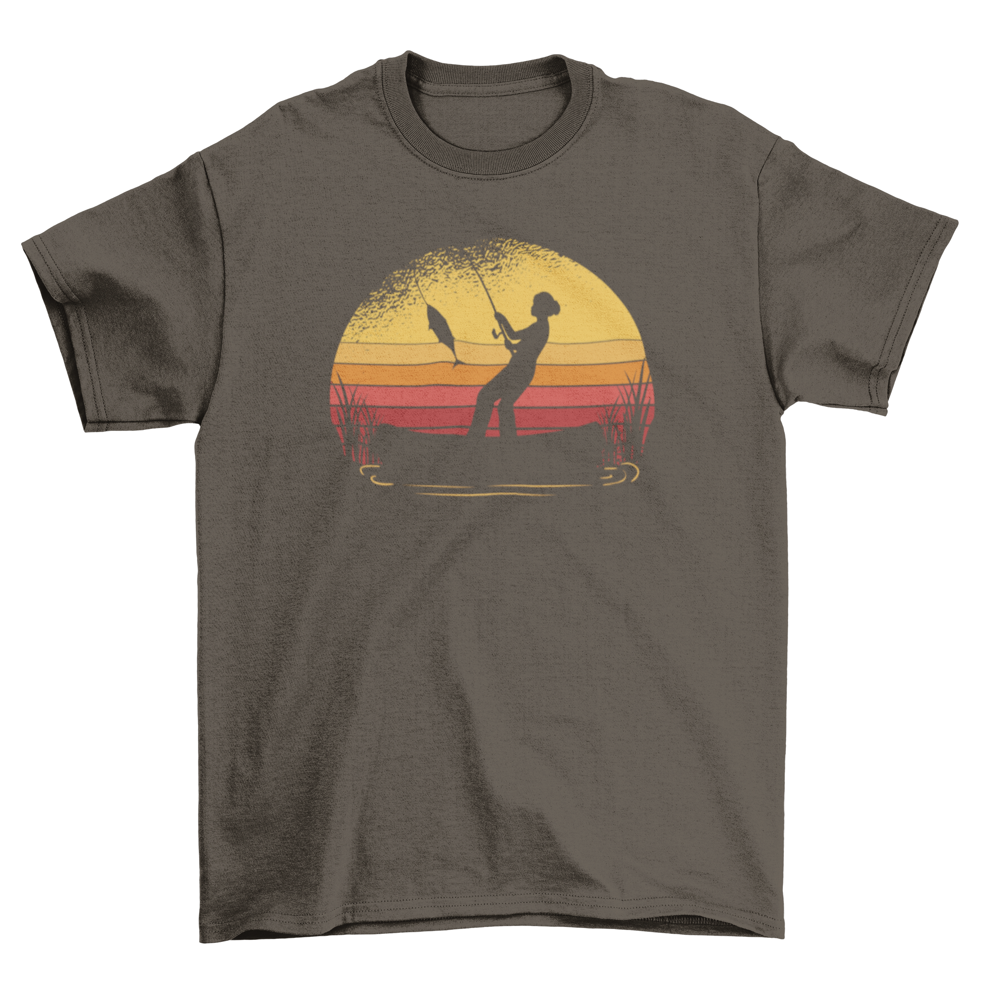 A stylish t-shirt featuring a woman fishing during a vibrant sunset, showcasing a serene outdoor scene.