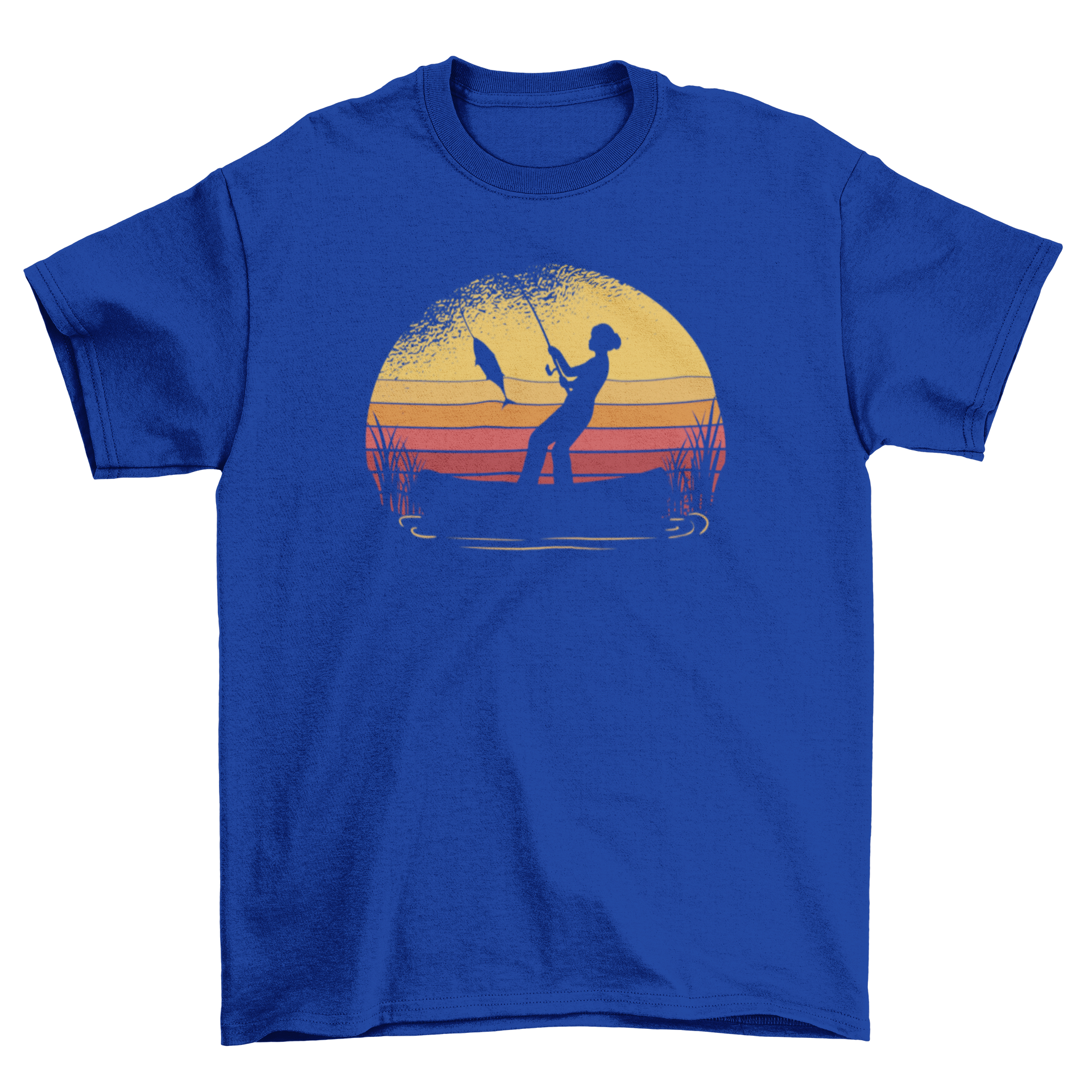 A stylish t-shirt featuring a woman fishing during a vibrant sunset, showcasing a serene outdoor scene.