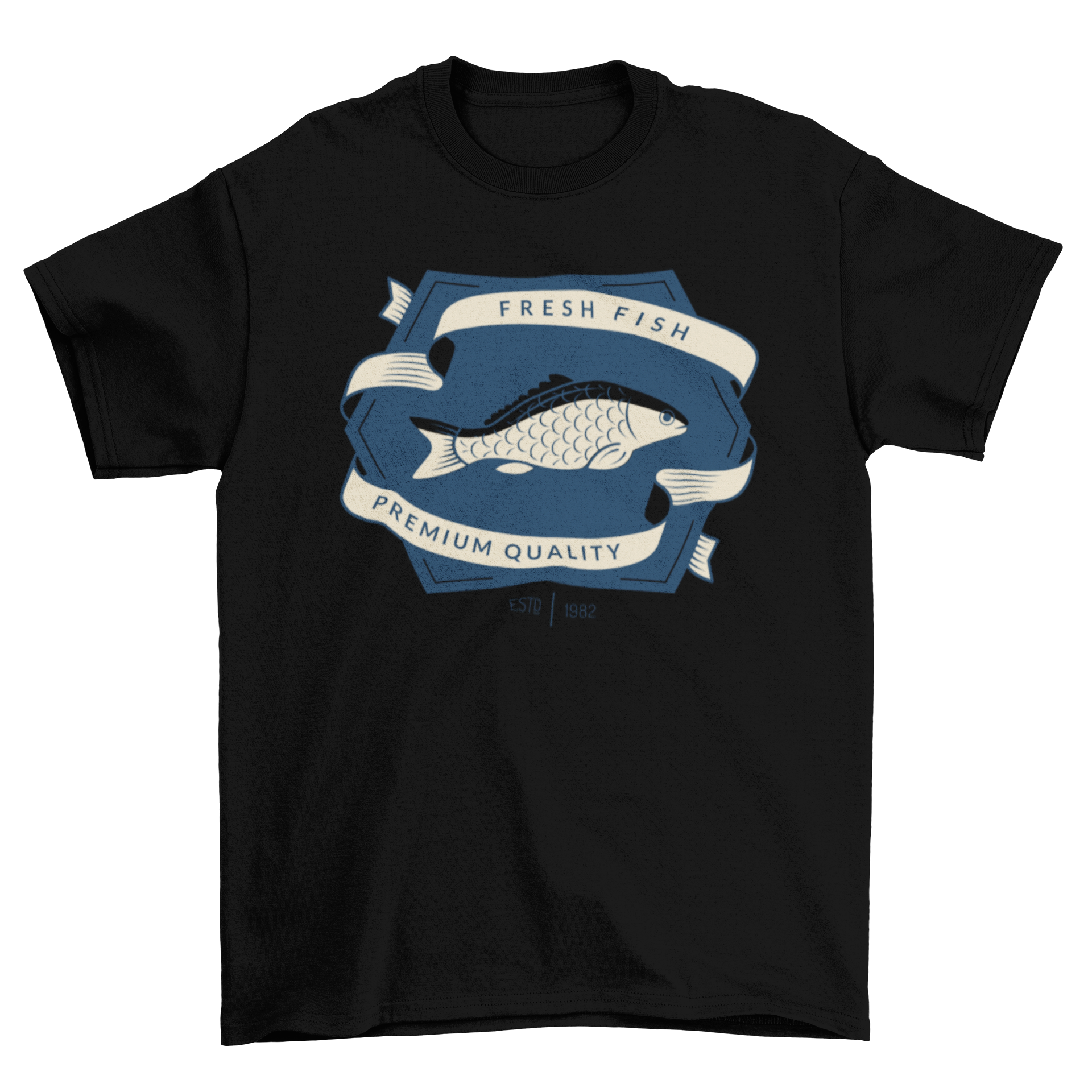 Fishing T-shirt featuring a unique badge design with an illustrated fish, perfect for fishing enthusiasts.