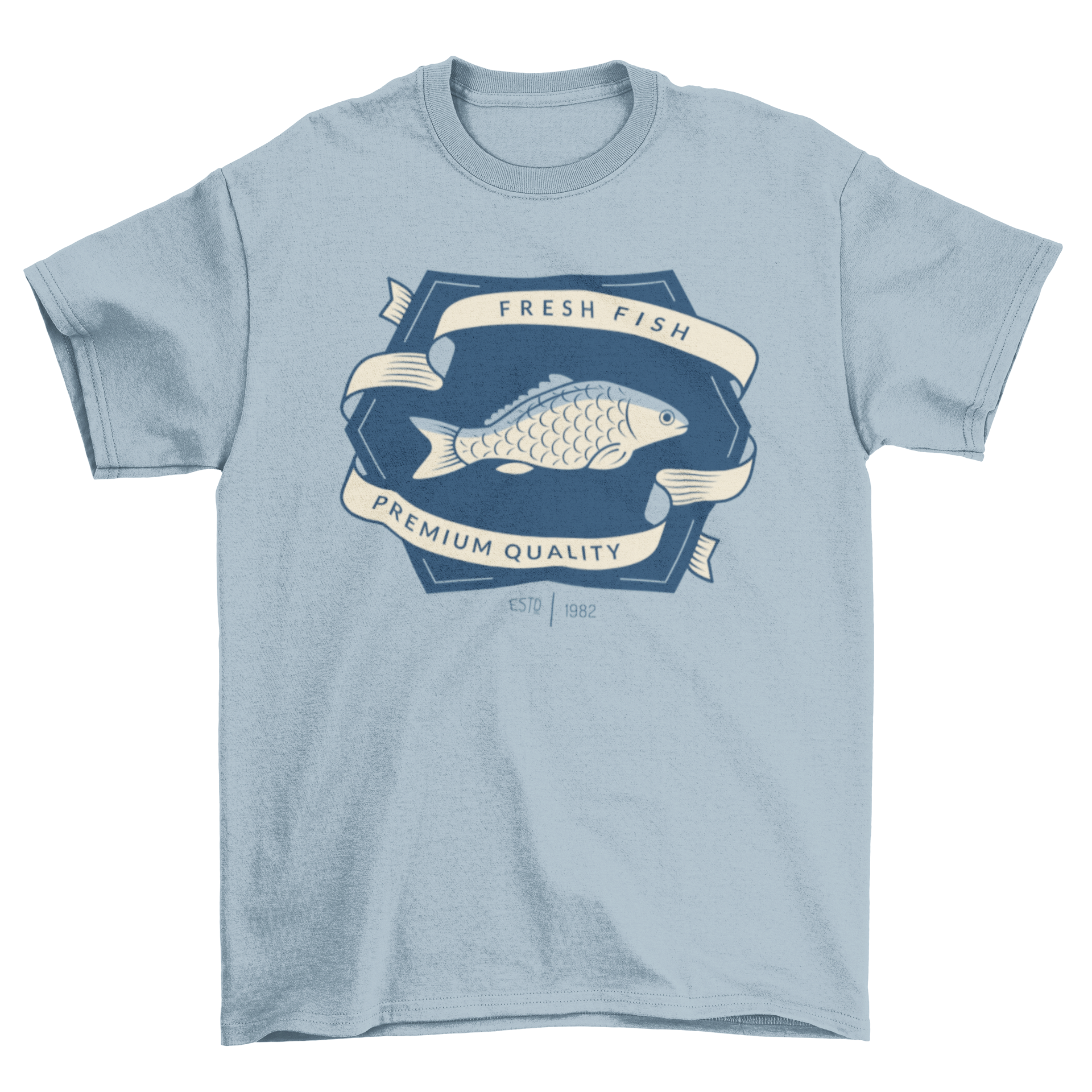 Fishing T-shirt featuring a unique badge design with an illustrated fish, perfect for fishing enthusiasts.