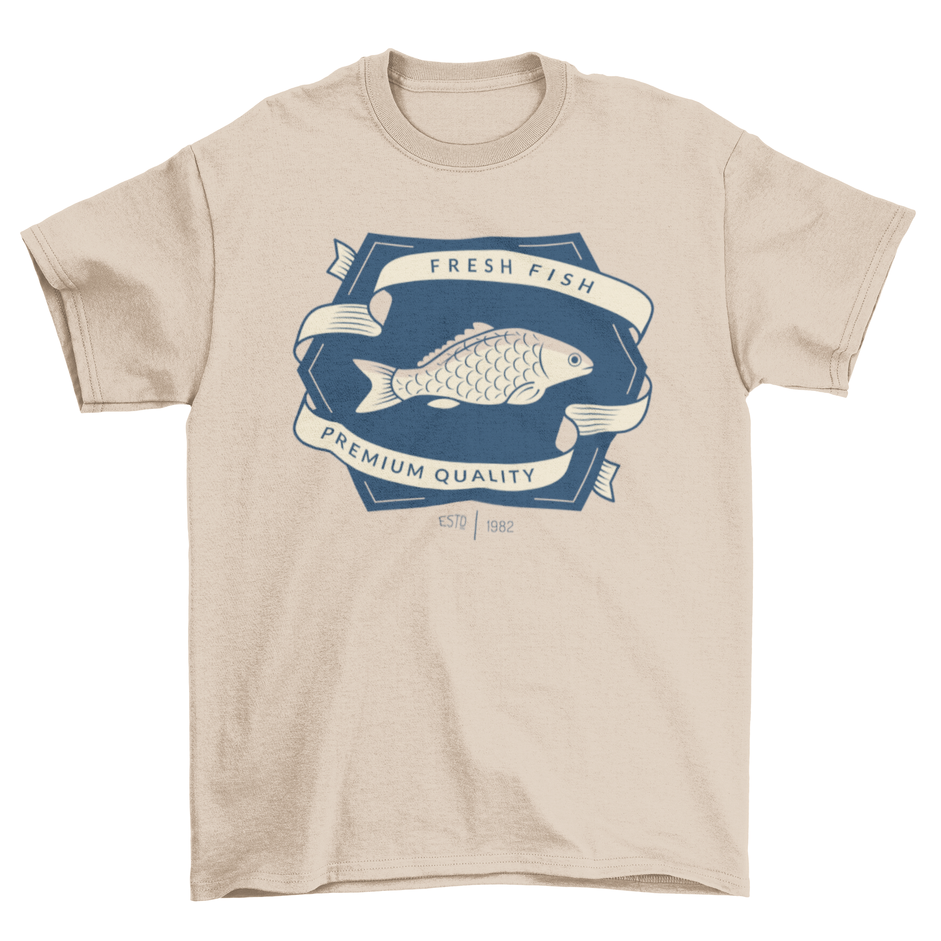 Fishing T-shirt featuring a unique badge design with an illustrated fish, perfect for fishing enthusiasts.