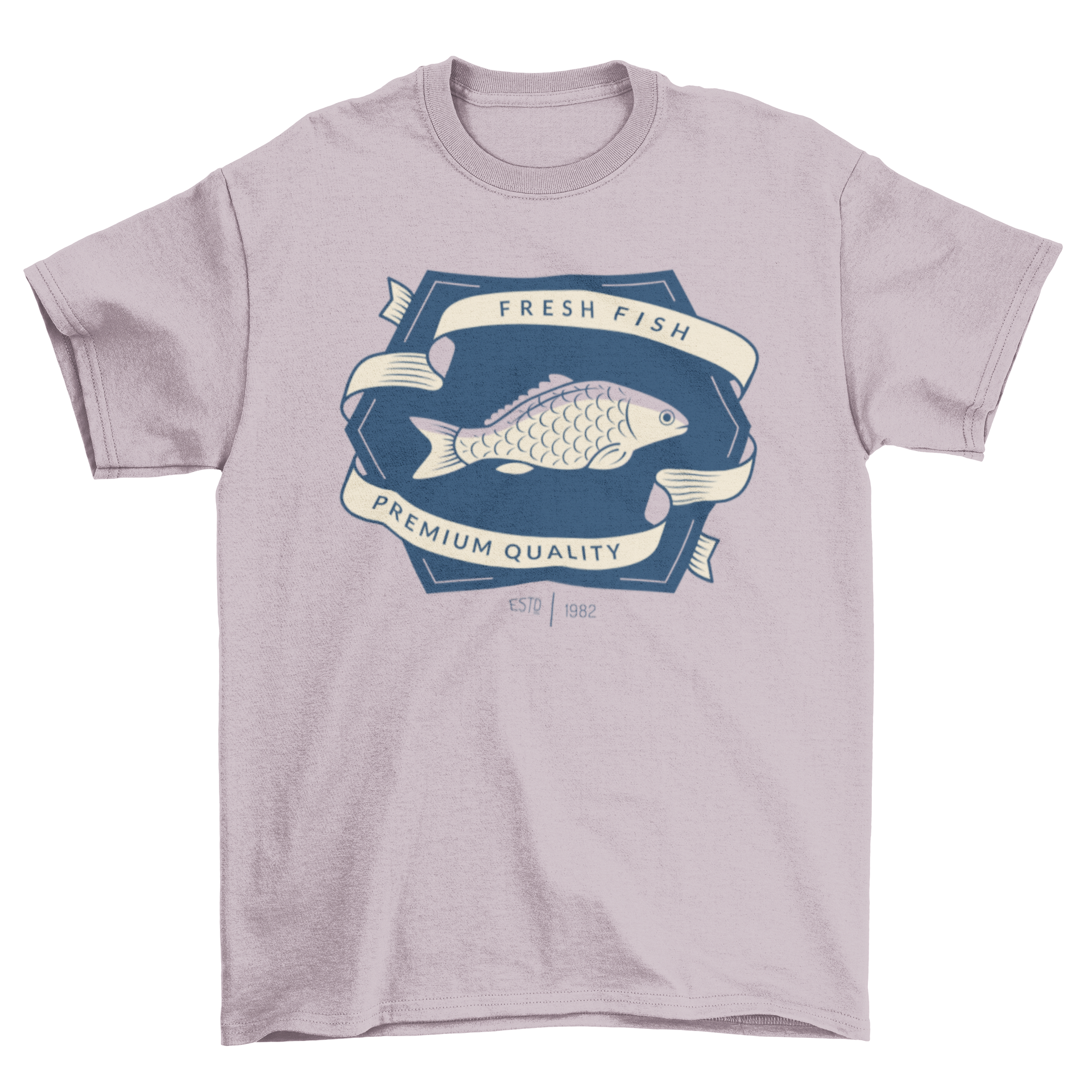 Fishing T-shirt featuring a unique badge design with an illustrated fish, perfect for fishing enthusiasts.