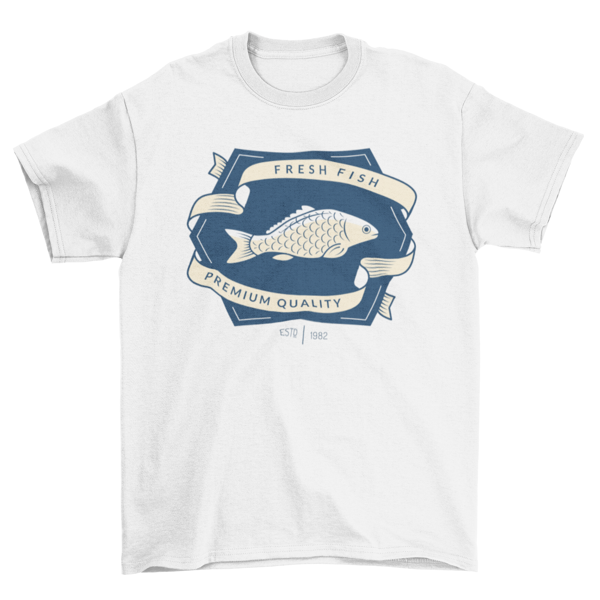 Fishing T-shirt featuring a unique badge design with an illustrated fish, perfect for fishing enthusiasts.