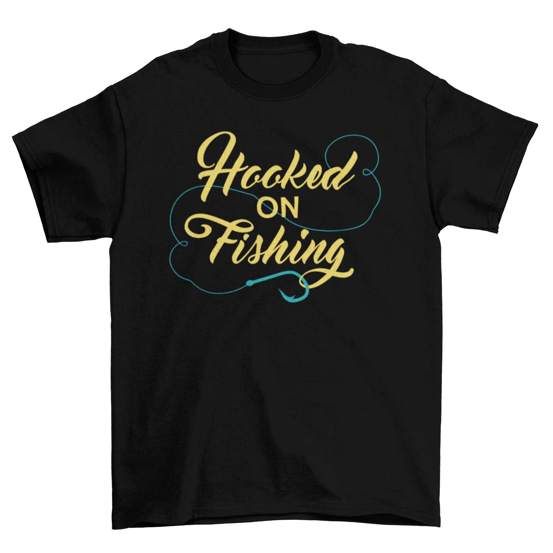 A comfortable Fishing t-shirt featuring the lettering design 'Hooked on Fishing' in a stylish font.