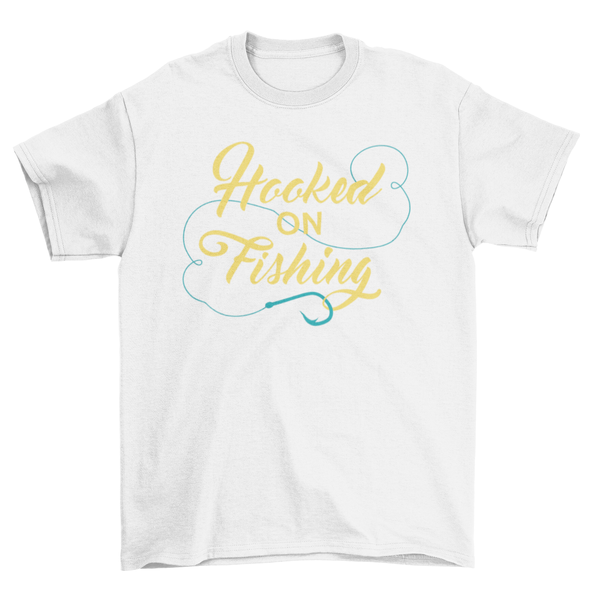 A comfortable Fishing t-shirt featuring the lettering design 'Hooked on Fishing' in a stylish font.